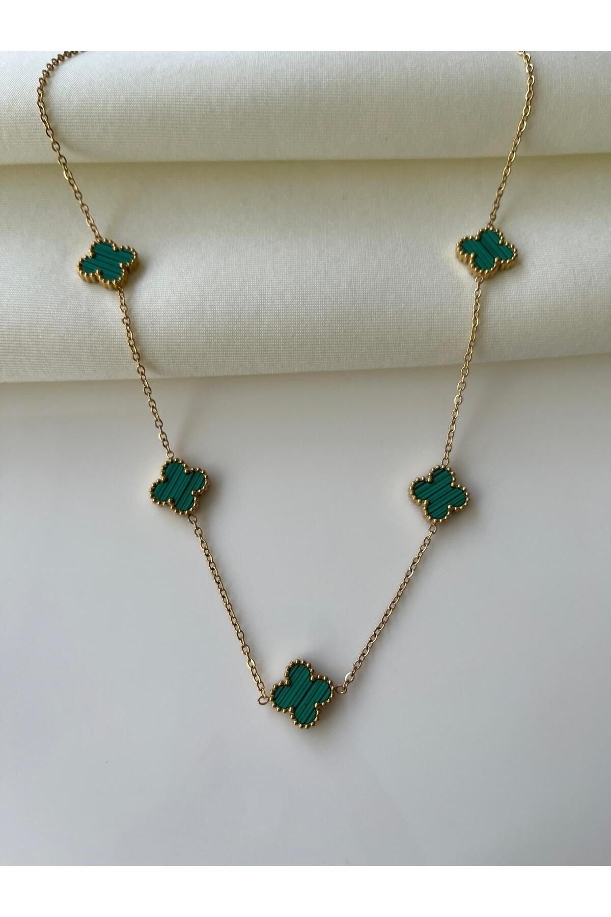 Çelik Yonca Model Kolye - yeşil-gold