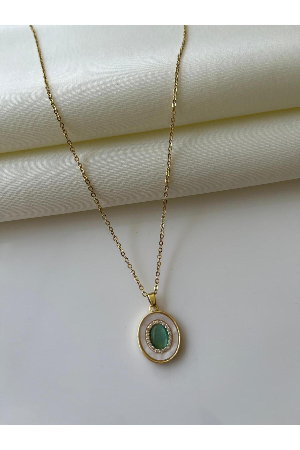Çelik Vintage Yeşil Boncuk Detaylı Kadın Kolye
