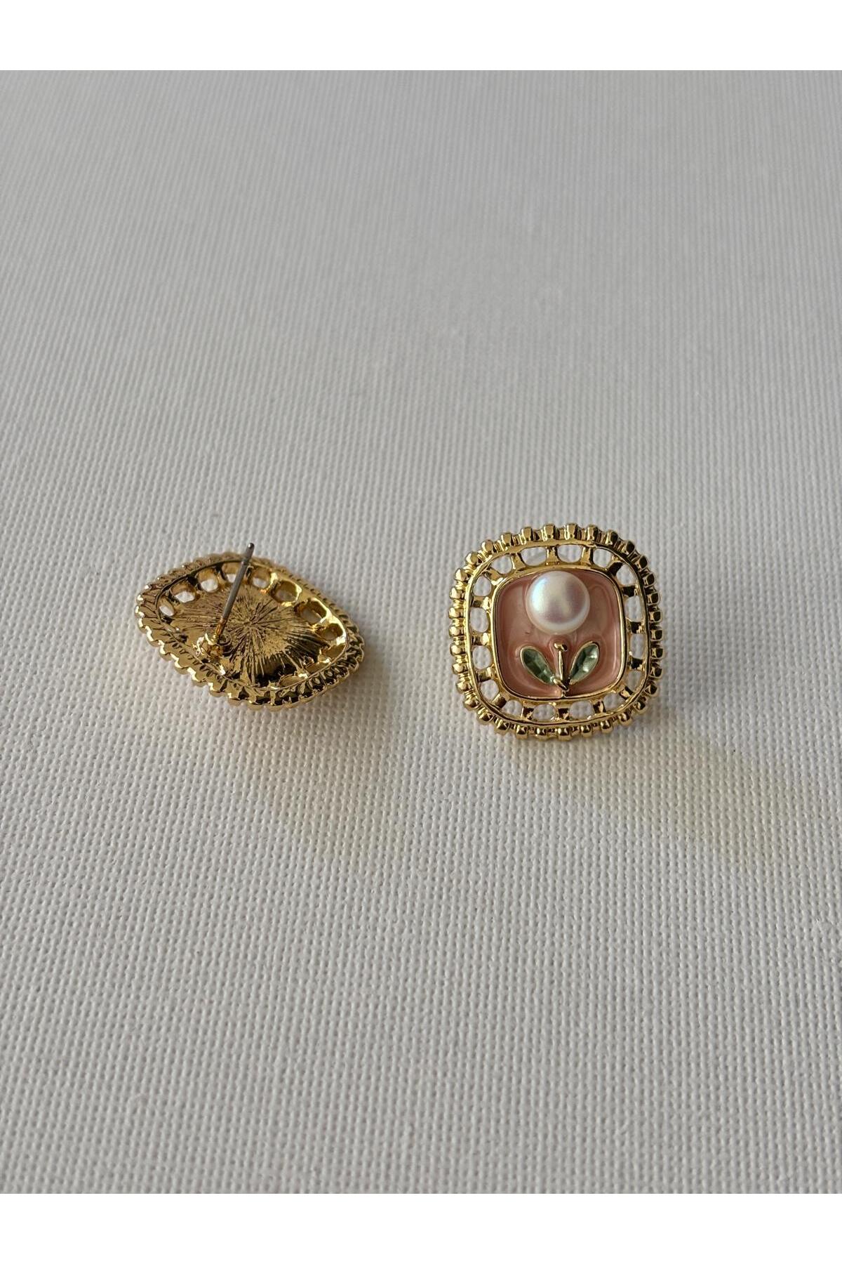Vintage Çerçeveli İnci Detaylı Renkli Kadın Küpe