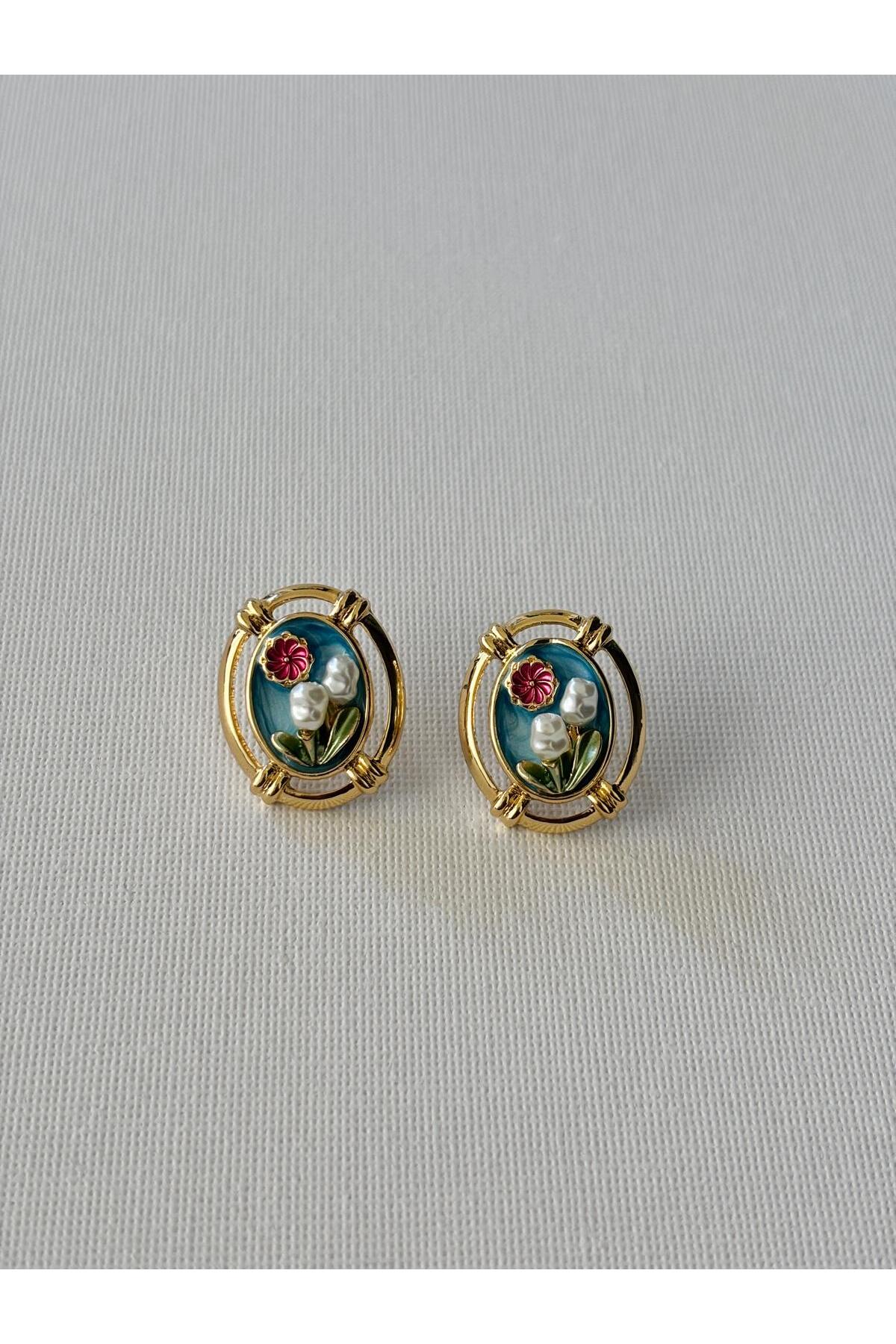 Vintage İnci Detaylı Oval Çiçek Kadın Küpe