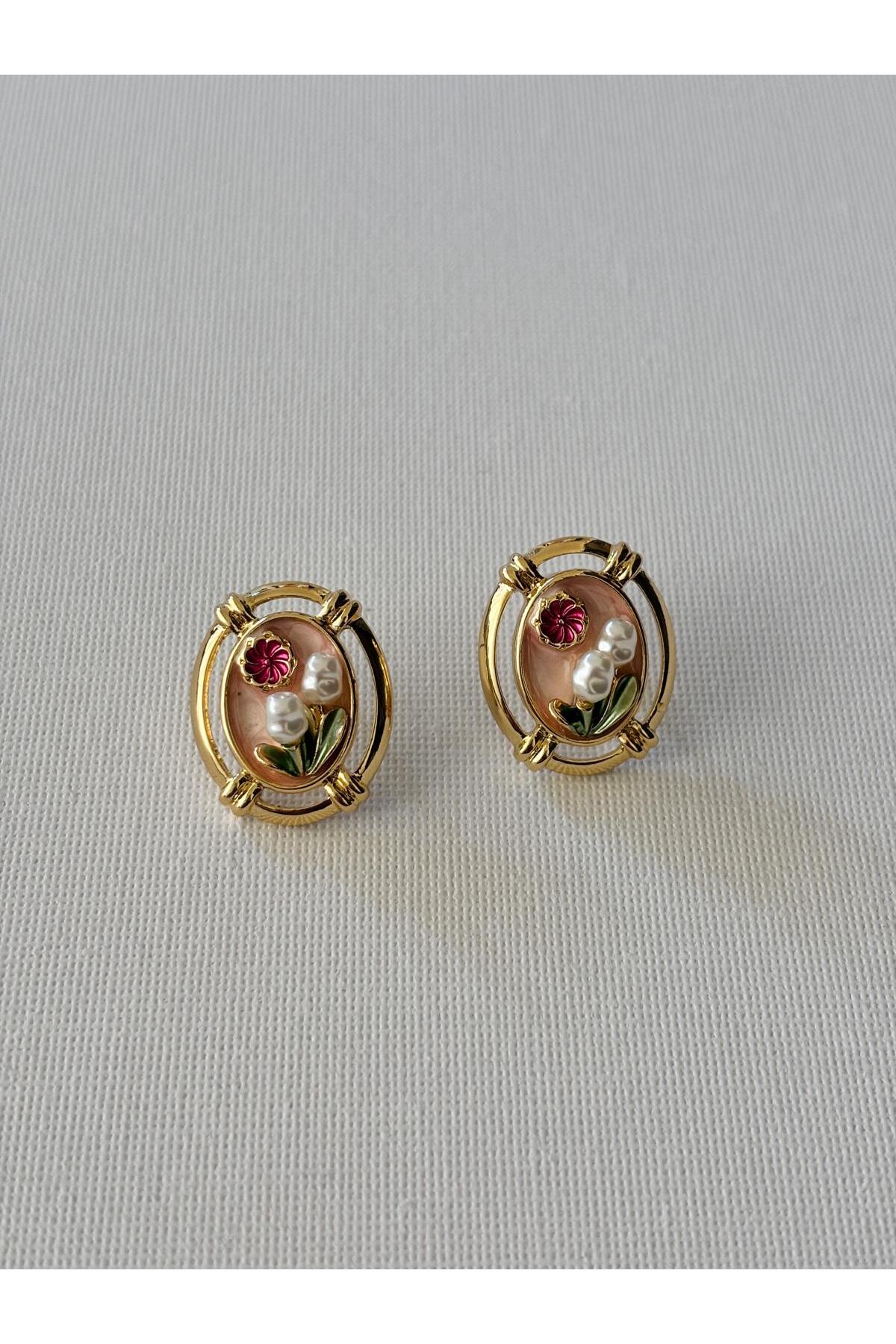 Vintage İnci Detaylı Oval Çiçek Kadın Küpe - pembe