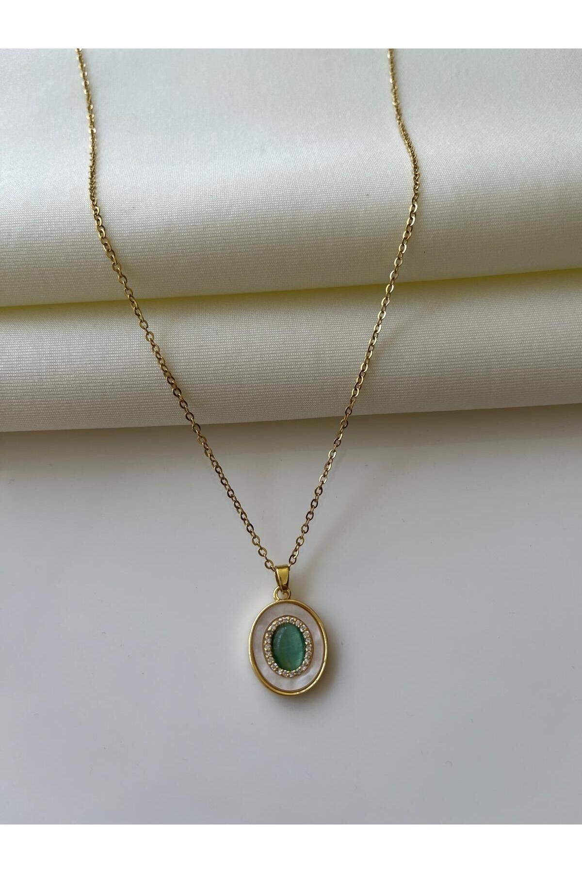 Çelik Vintage Yeşil Boncuk Detaylı Kadın Kolye