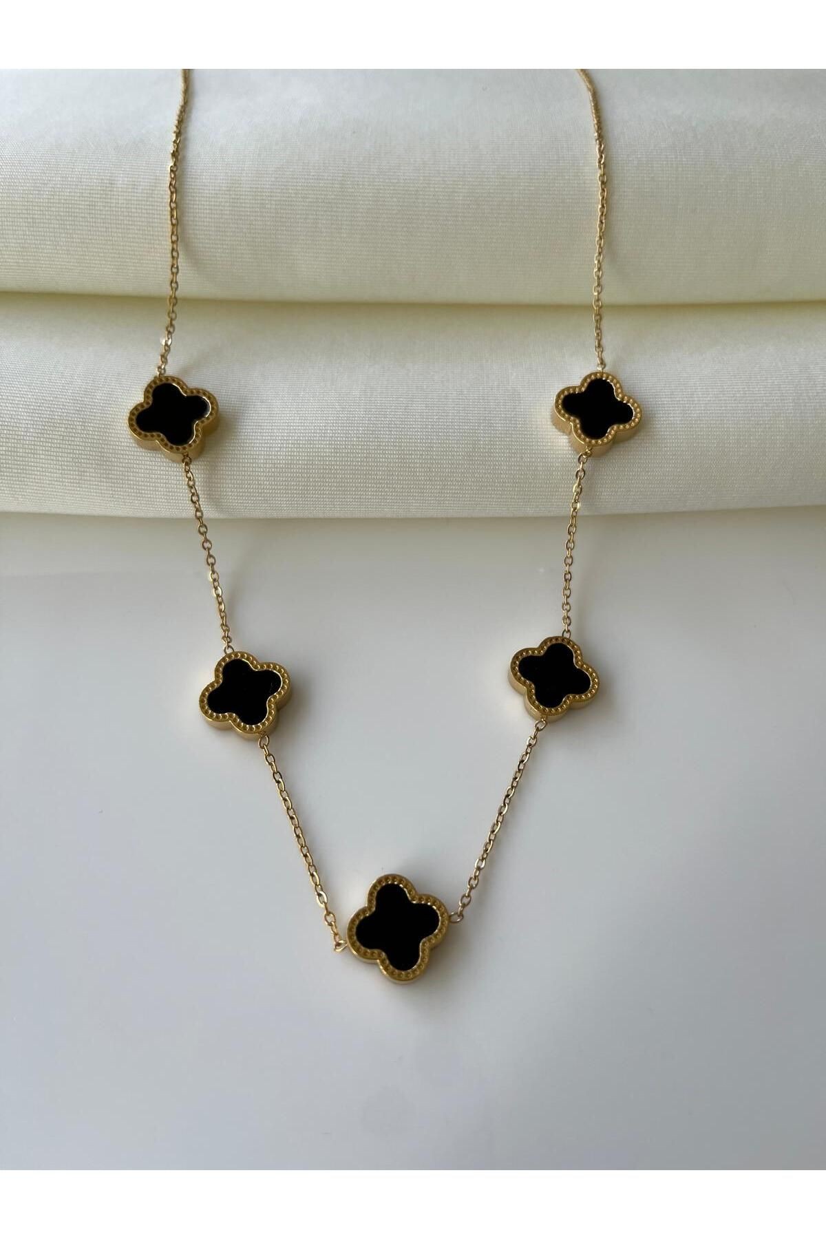 Çelik Yonca Model Kolye - siyah-gold