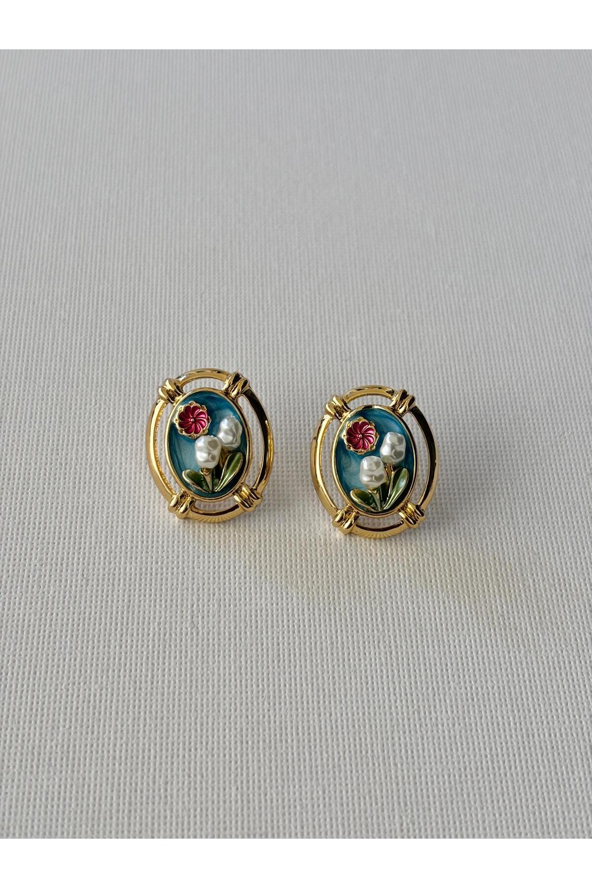 Vintage İnci Detaylı Oval Çiçek Kadın Küpe