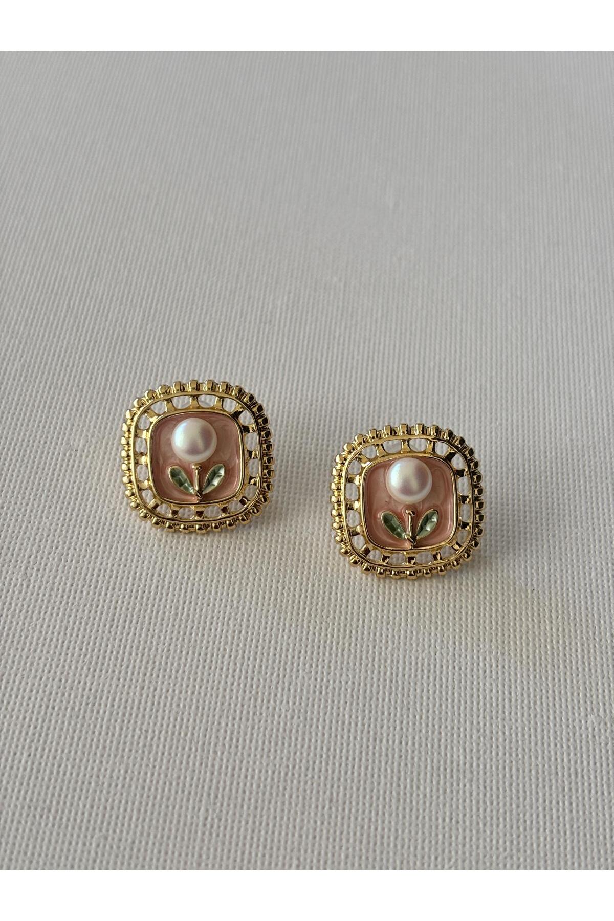 Vintage Çerçeveli İnci Detaylı Renkli Kadın Küpe - pembe