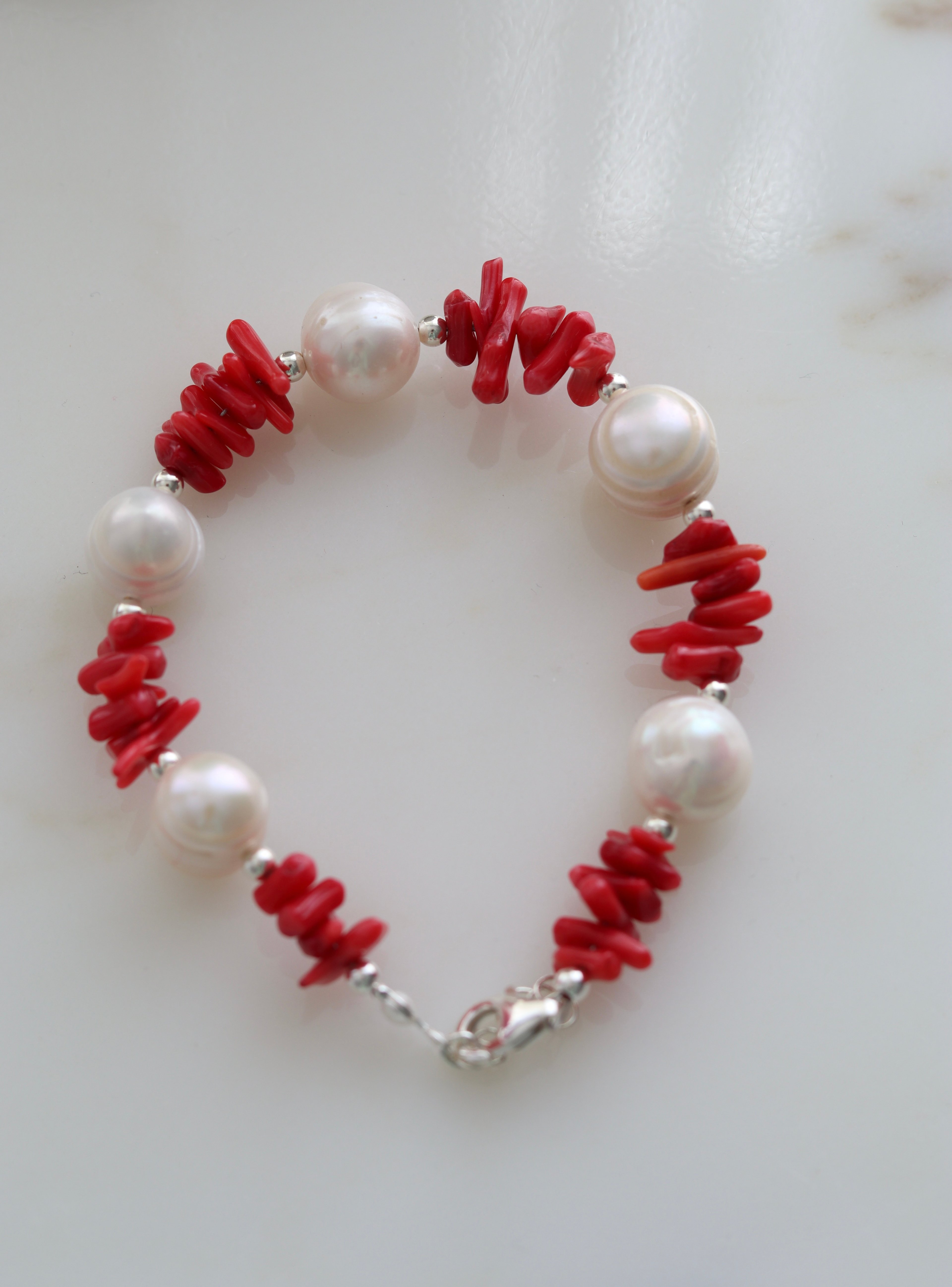 REAL PEARL & CORAL SILVER BRACELET