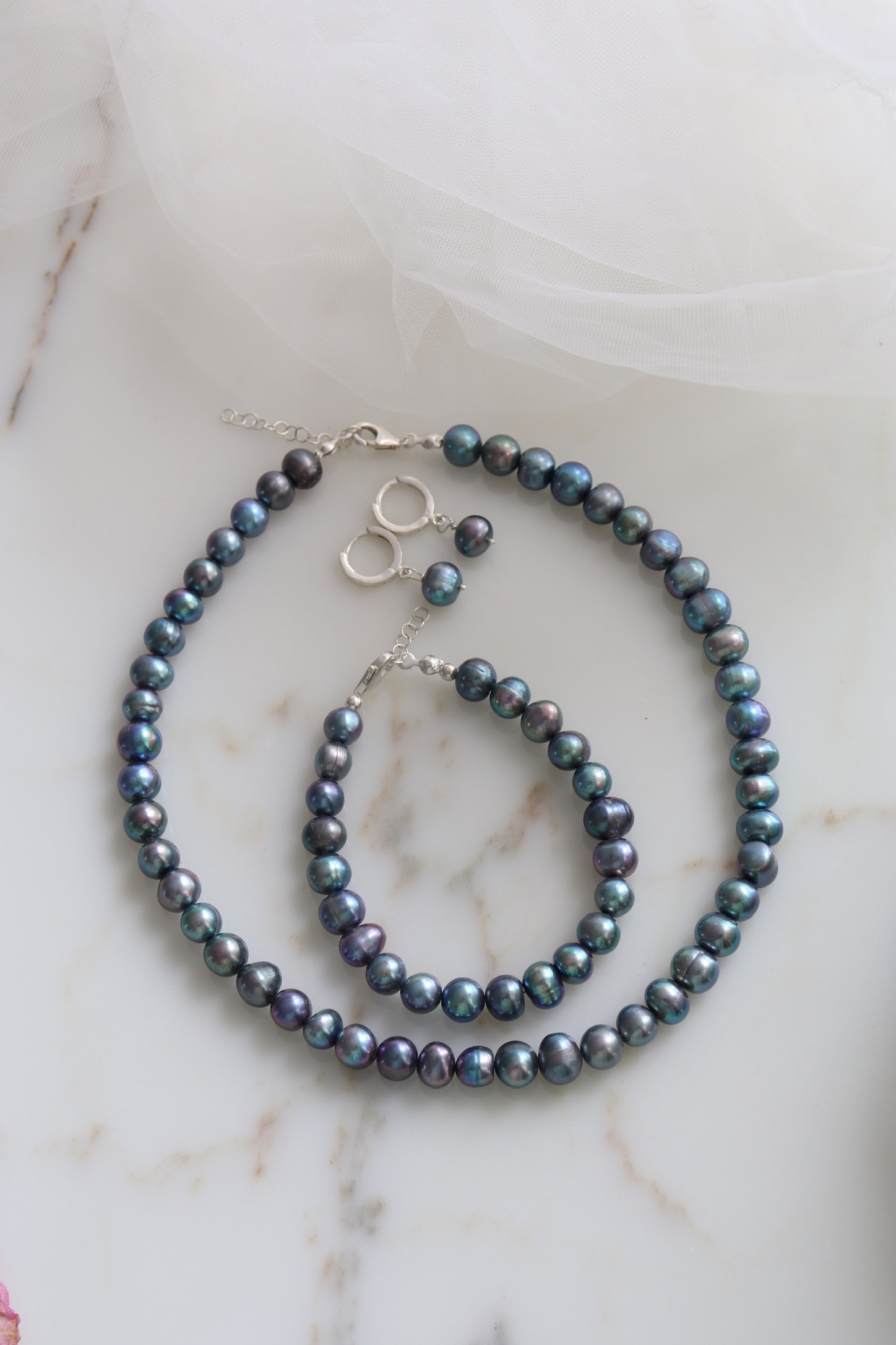 BLACK ANGELINA REAL PEARL SILVER SET OF 3