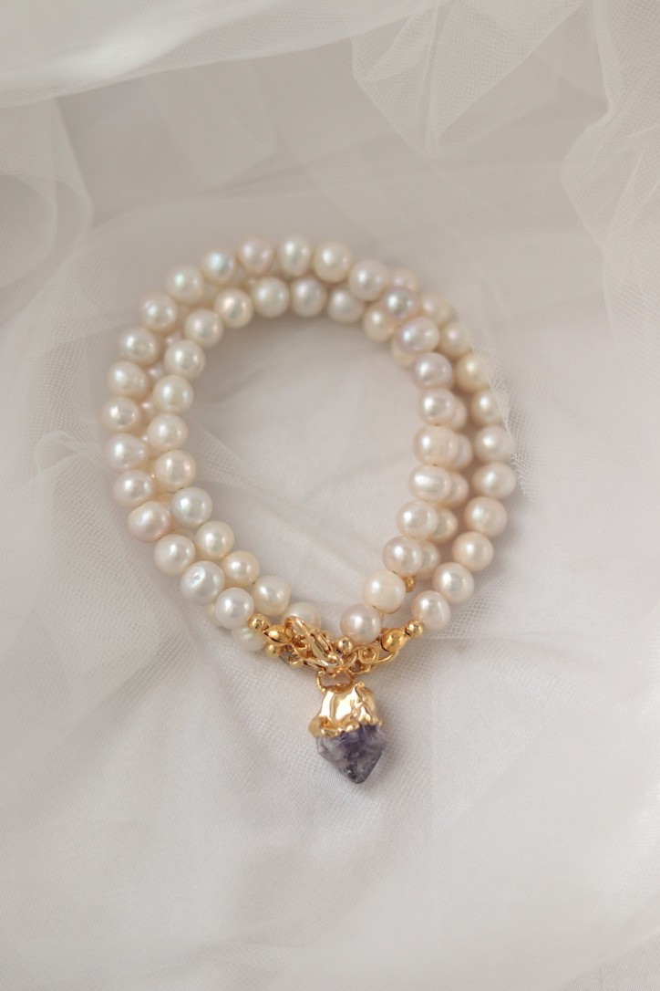 ROYAL AMETHYST REAL 3 PEARLS BRACELET 