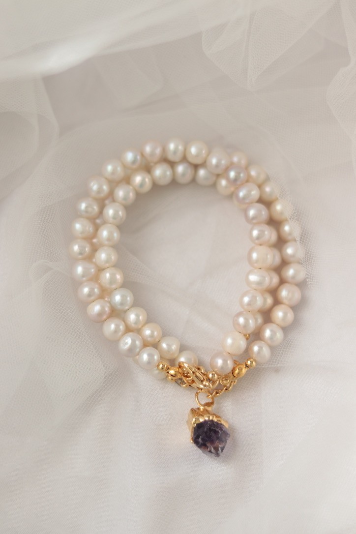 ROYAL AMETHYST REAL 3 PEARLS BRACELET 