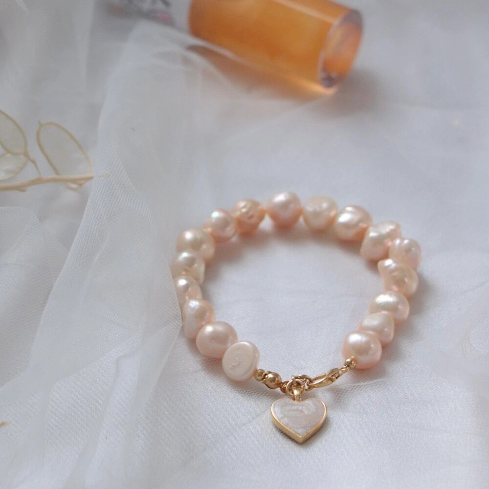 SALMON REAL PEARL BRACELET WITH LOVE