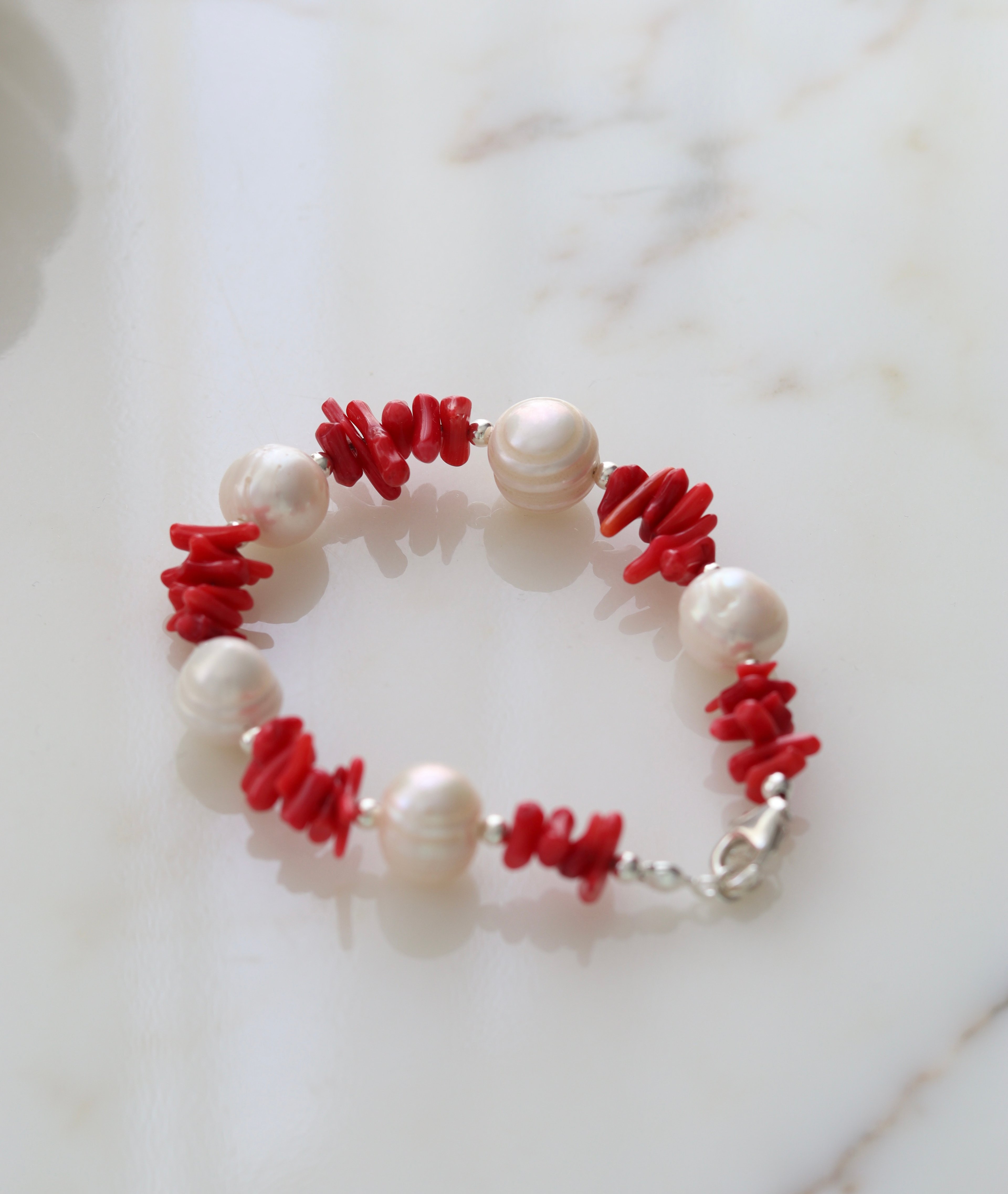 REAL PEARL & CORAL SILVER BRACELET