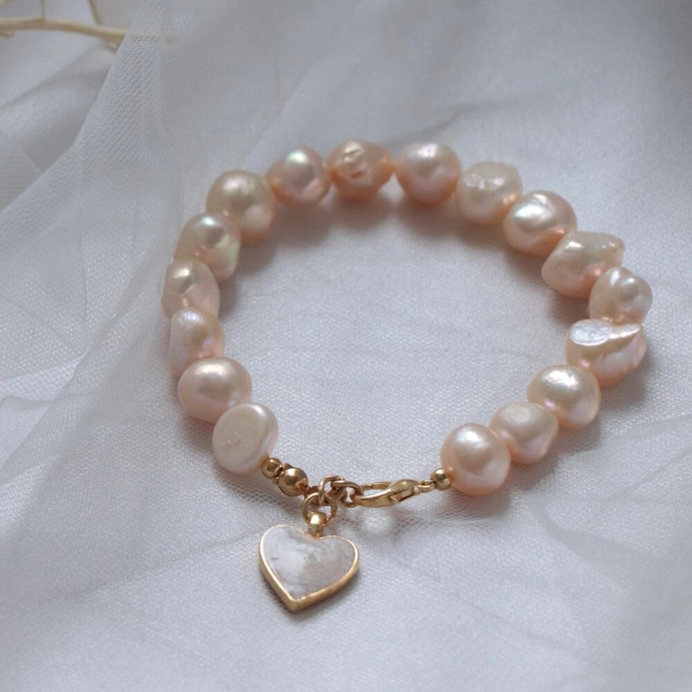 SALMON REAL PEARL BRACELET WITH LOVE