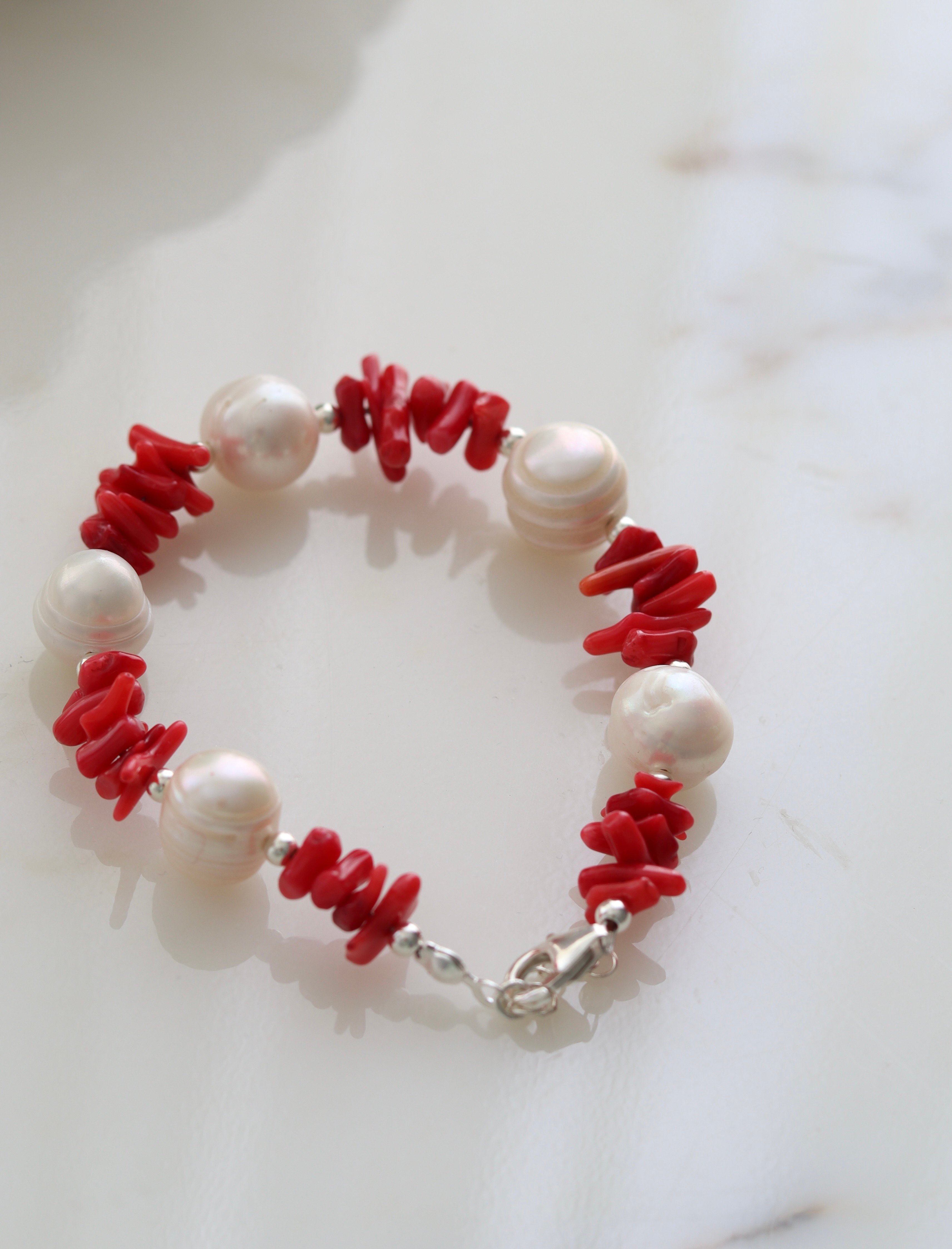 REAL PEARL & CORAL SILVER BRACELET