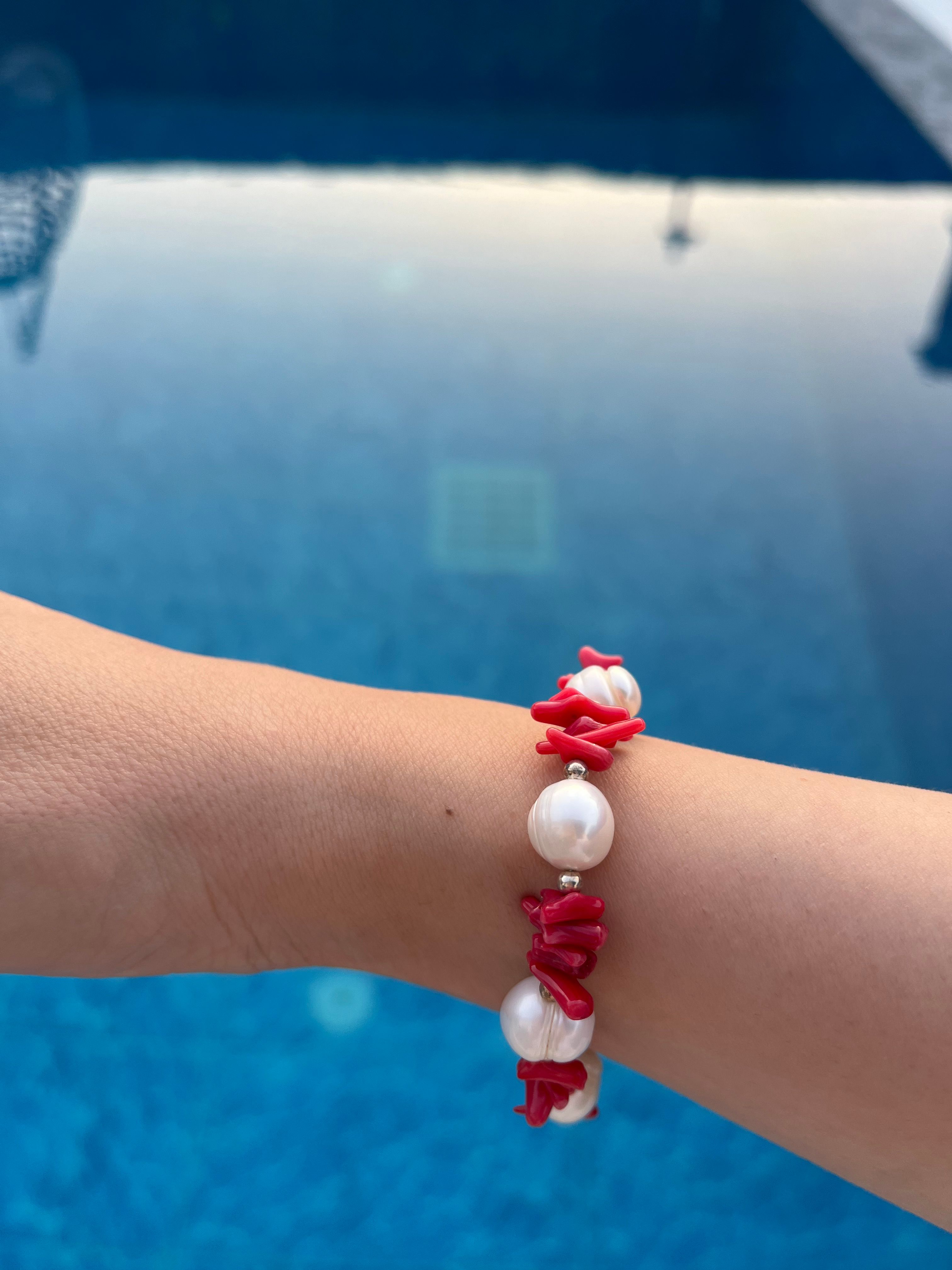 REAL PEARL & CORAL SILVER BRACELET