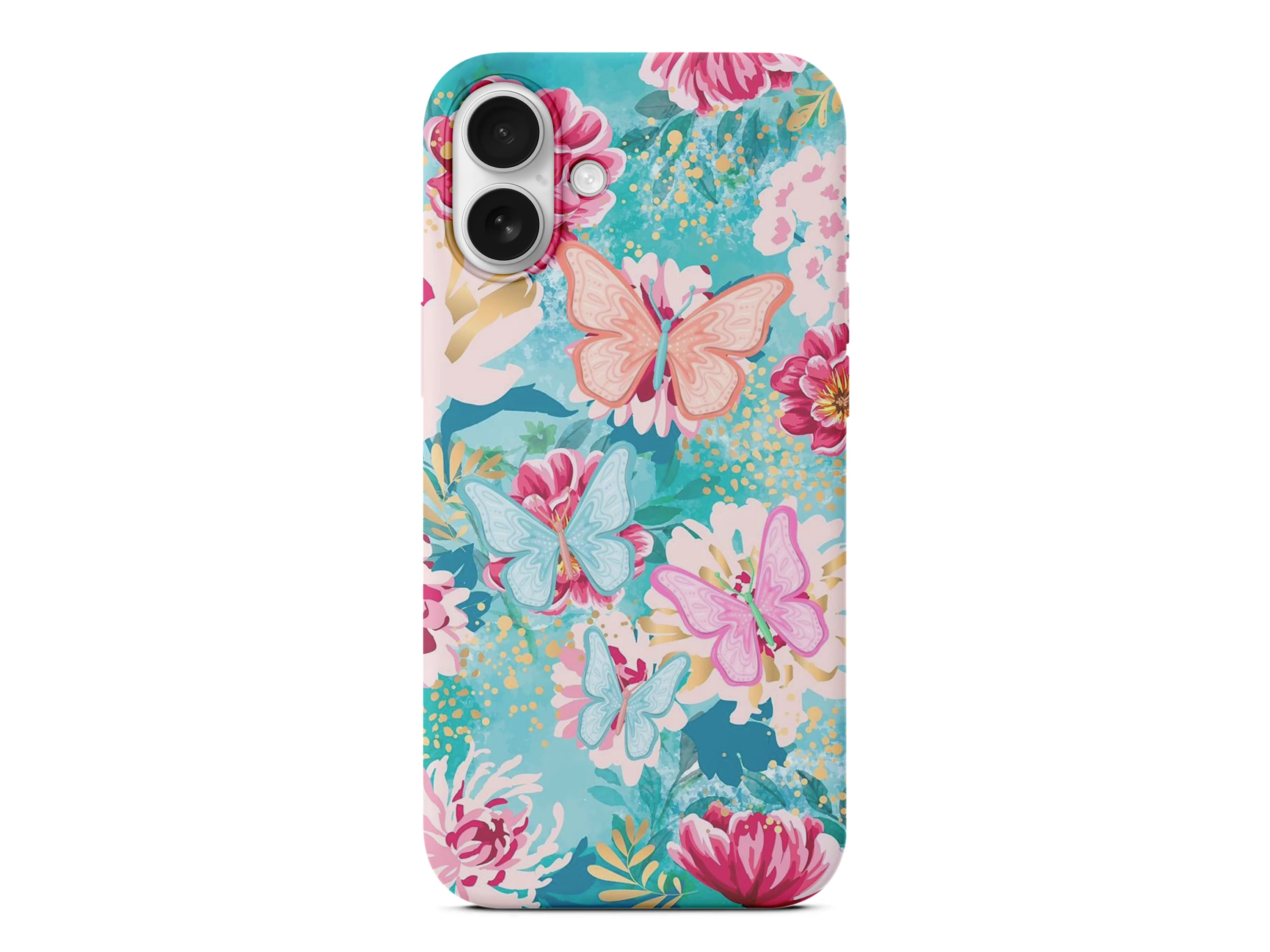 Fuşya Çiçekler ve Kelebekler Turkuaz Kılıf