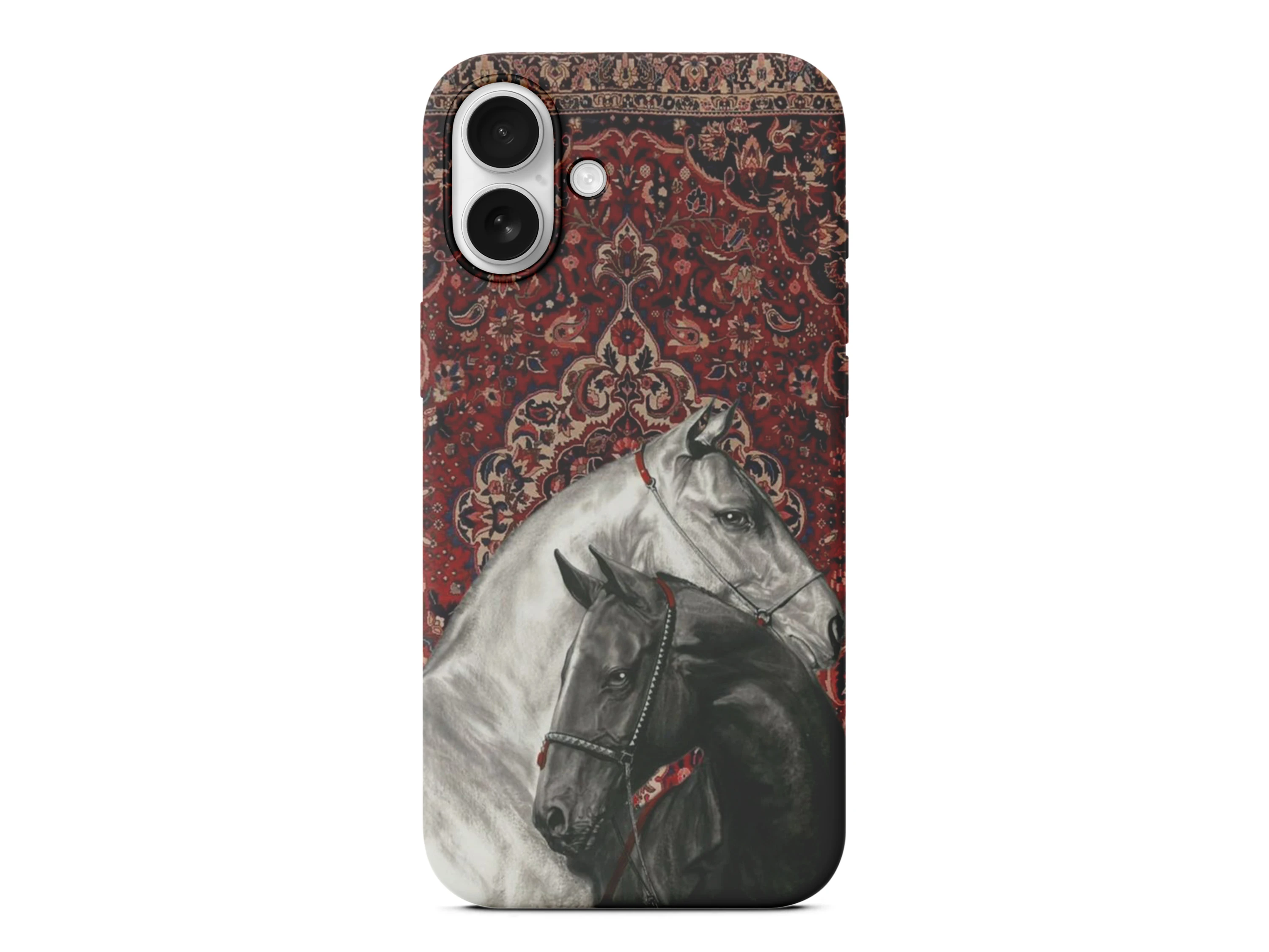 Anadolu Ruhu: Halı Deseni Üzerinde Siyah Beyaz Atlar Telefon Kılıfı