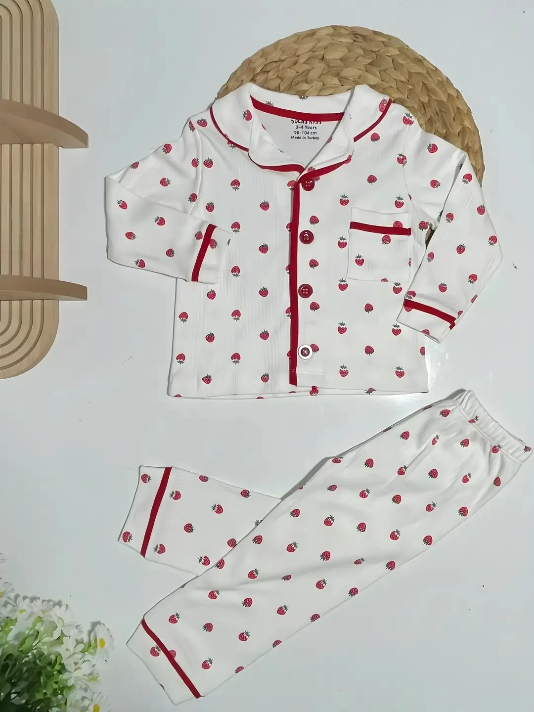 Pijama Takım Düğmeli Çilek Desen