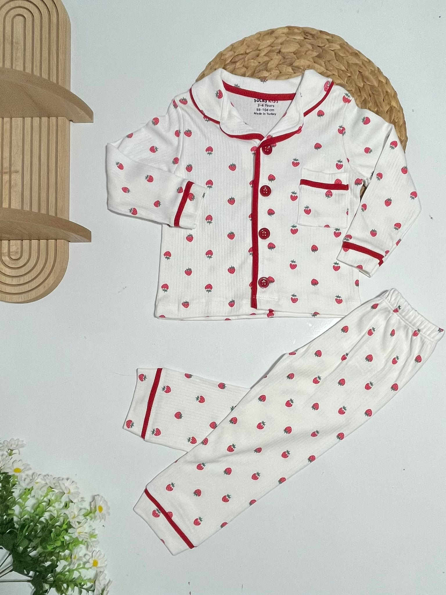 Pijama Takım Düğmeli Çilek Desen