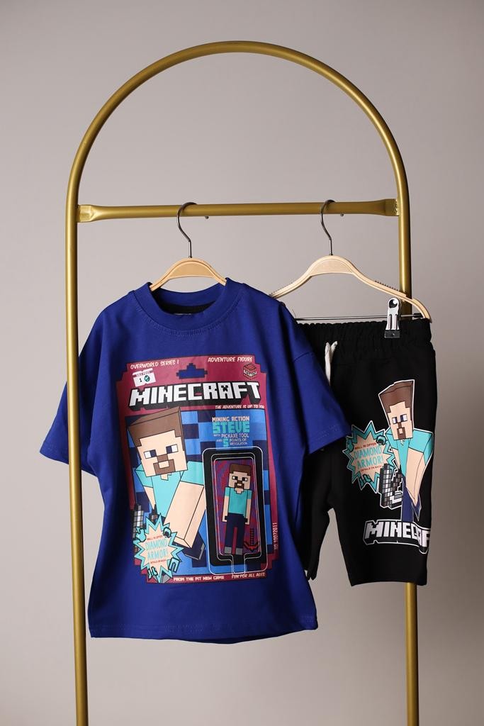 Mavi Minecraft Alt/Üst Şortlu Takım
