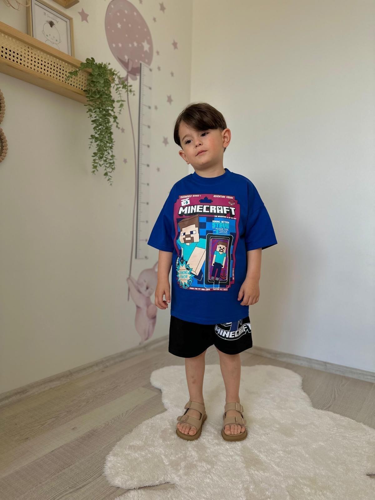 Mavi Minecraft Alt/Üst Şortlu Takım
