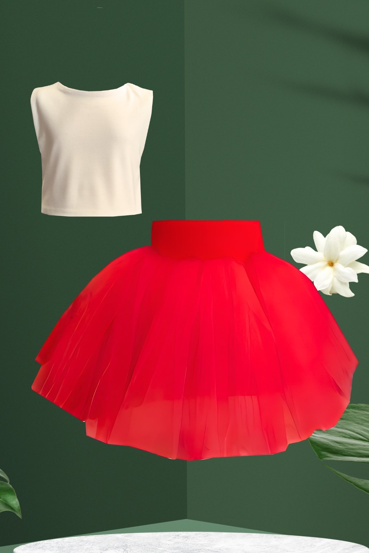 Conjunto de Falda de Tul y Crop Top para Niña, Vestido de Cumpleaños - rojo blanco