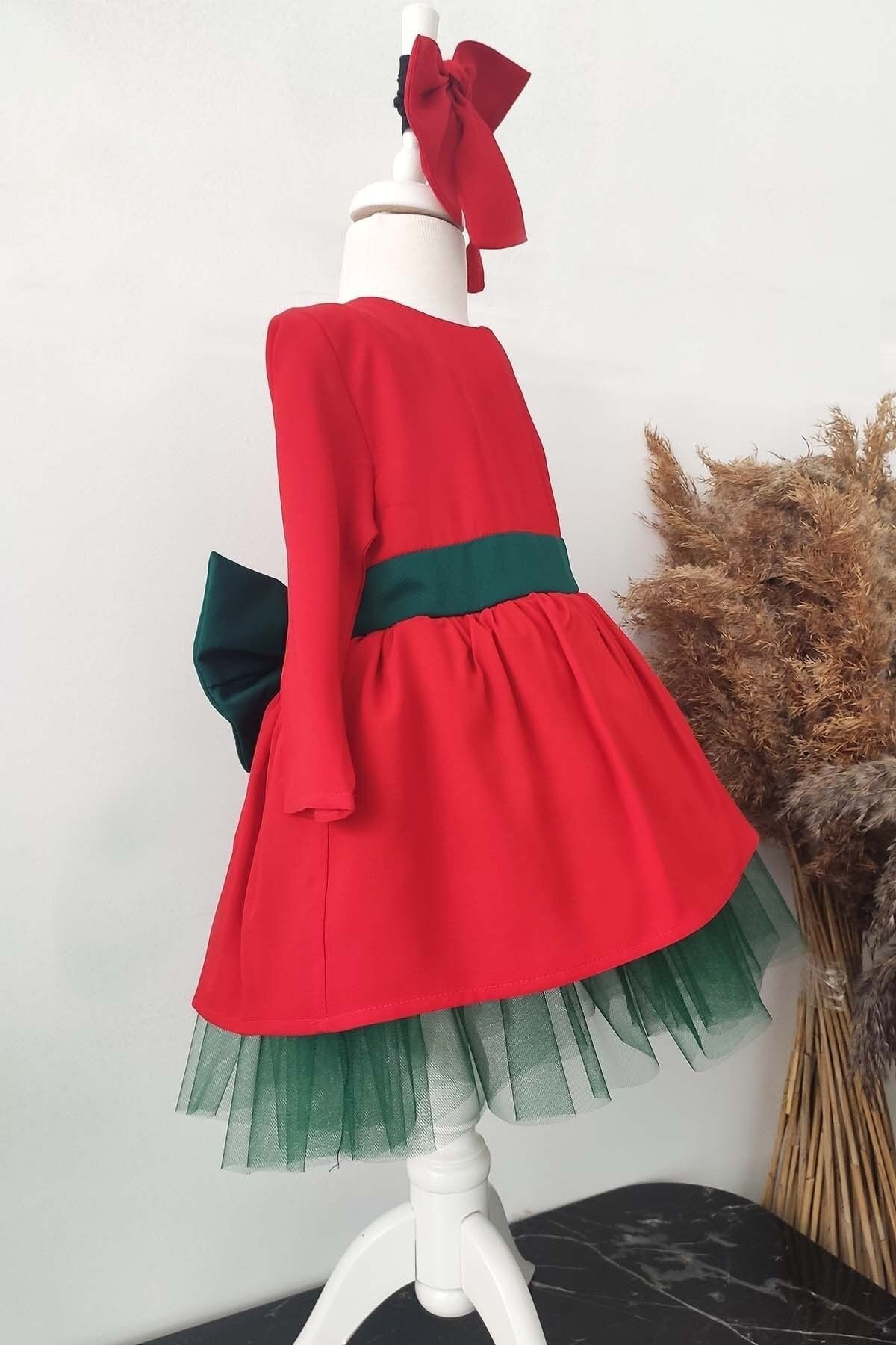 Robe de Noël Tutu Tutu avec nœud pour filles, robe d'anniversaire à manches longues, bandana