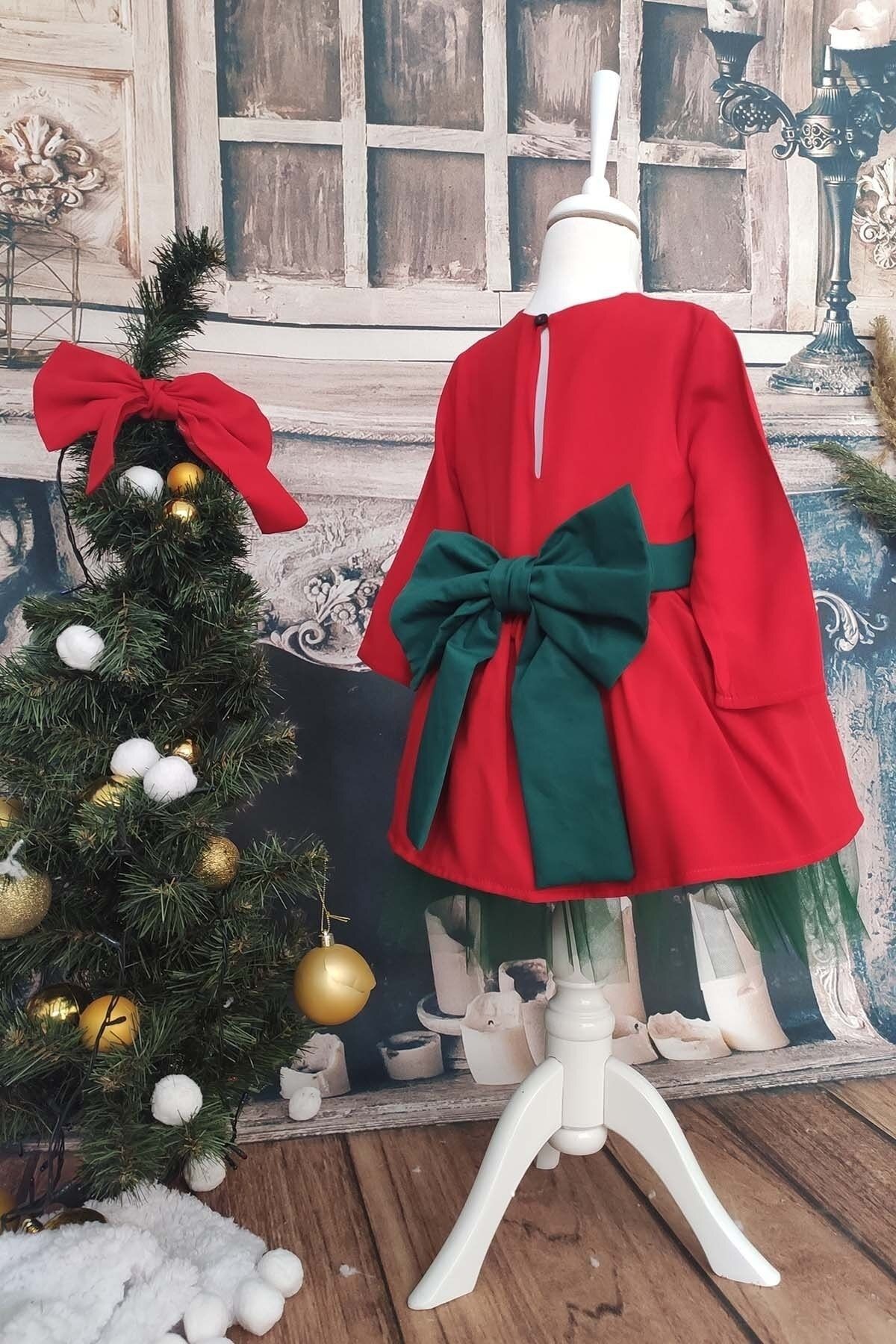 Vestido de Tul con Lazo para Navidad, Vestido de Cumpleaños con Manga Larga y Diadema