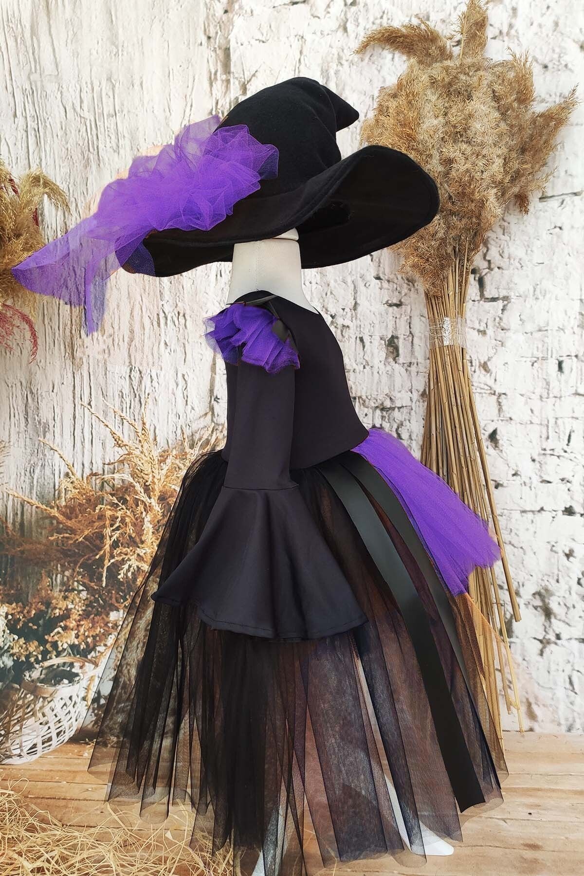 Vestido de Bruja con Detalles de Cuero y Sombrero para Niña, Disfraz de Halloween