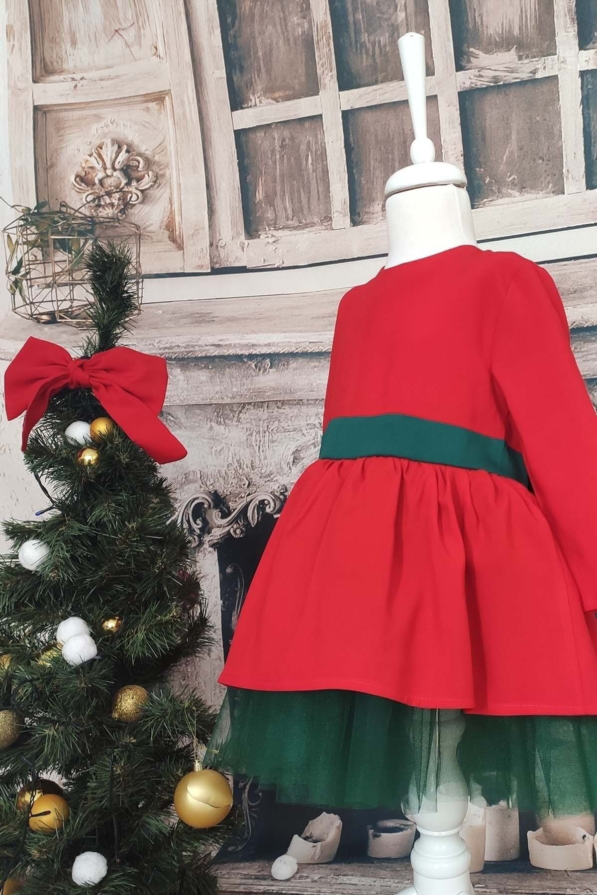 Vestido de Tul con Lazo para Navidad, Vestido de Cumpleaños con Manga Larga y Diadema