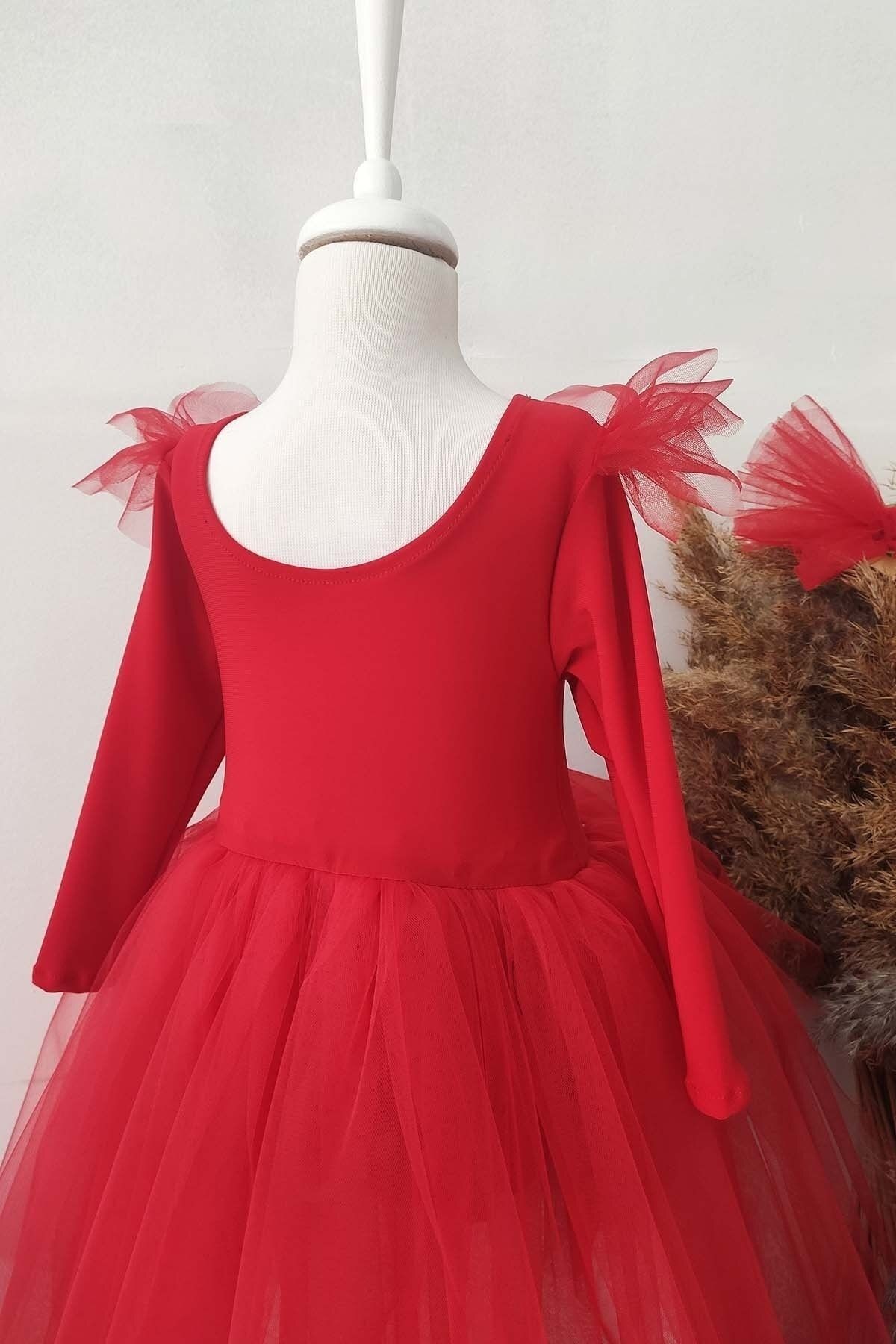 Girl's Asymmetric Tutu Christmas Dress, Long-Sleeved Birthday Dress, Headband