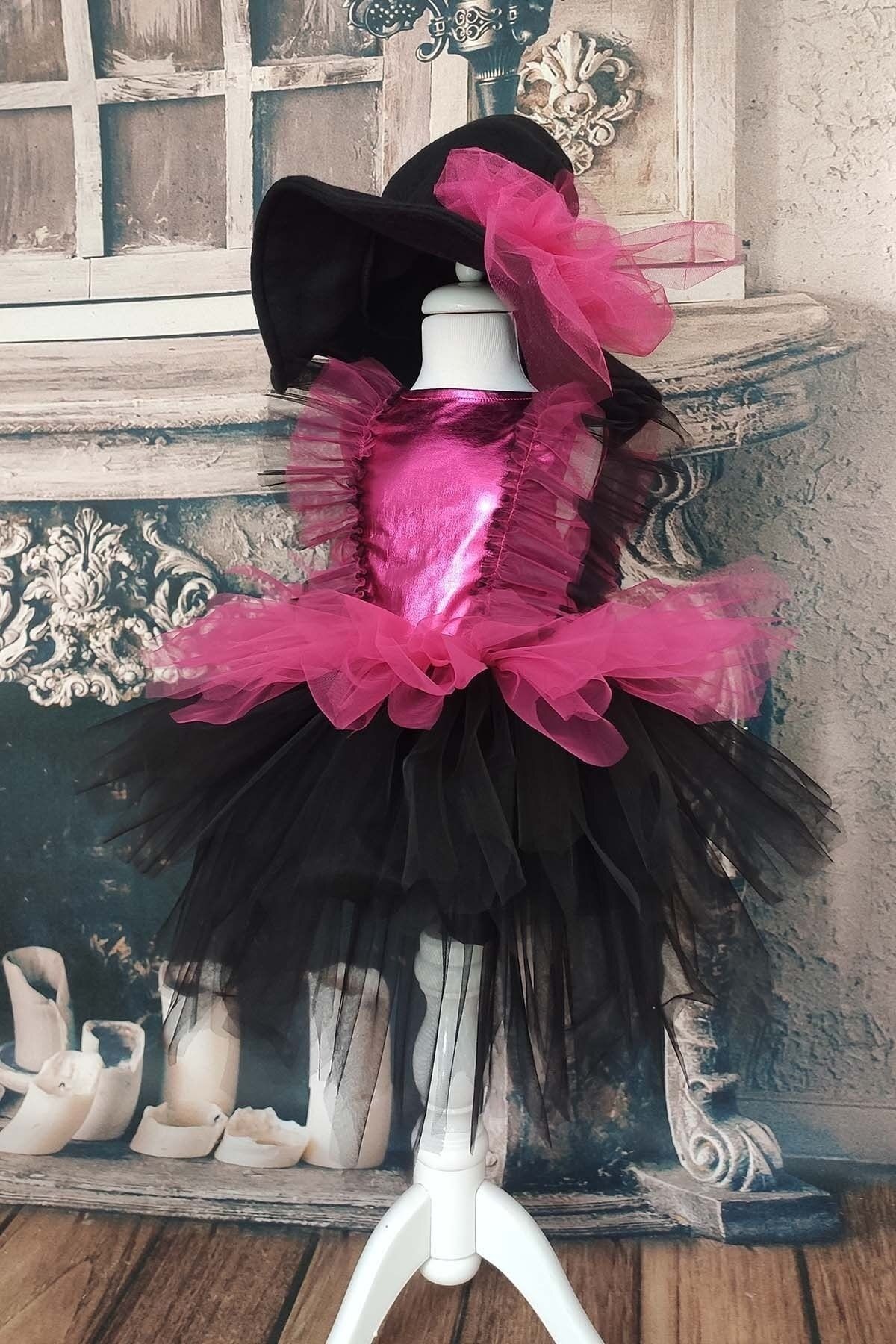 Layered Girl's Tutu Witch Dress and Hat, Birthday Dress