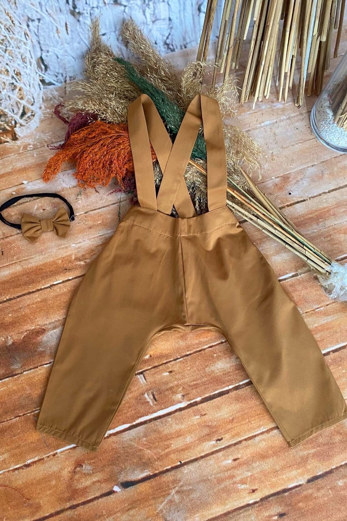 Boy’s Strapped Pants and Bow Tie Set - Tan