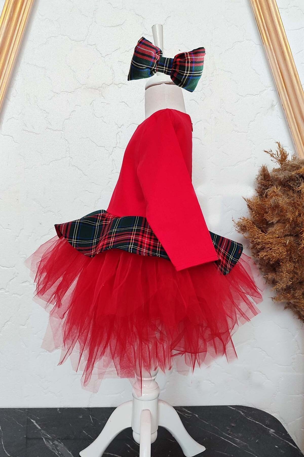 Girls' Puffy Dress with Red Plaid Details