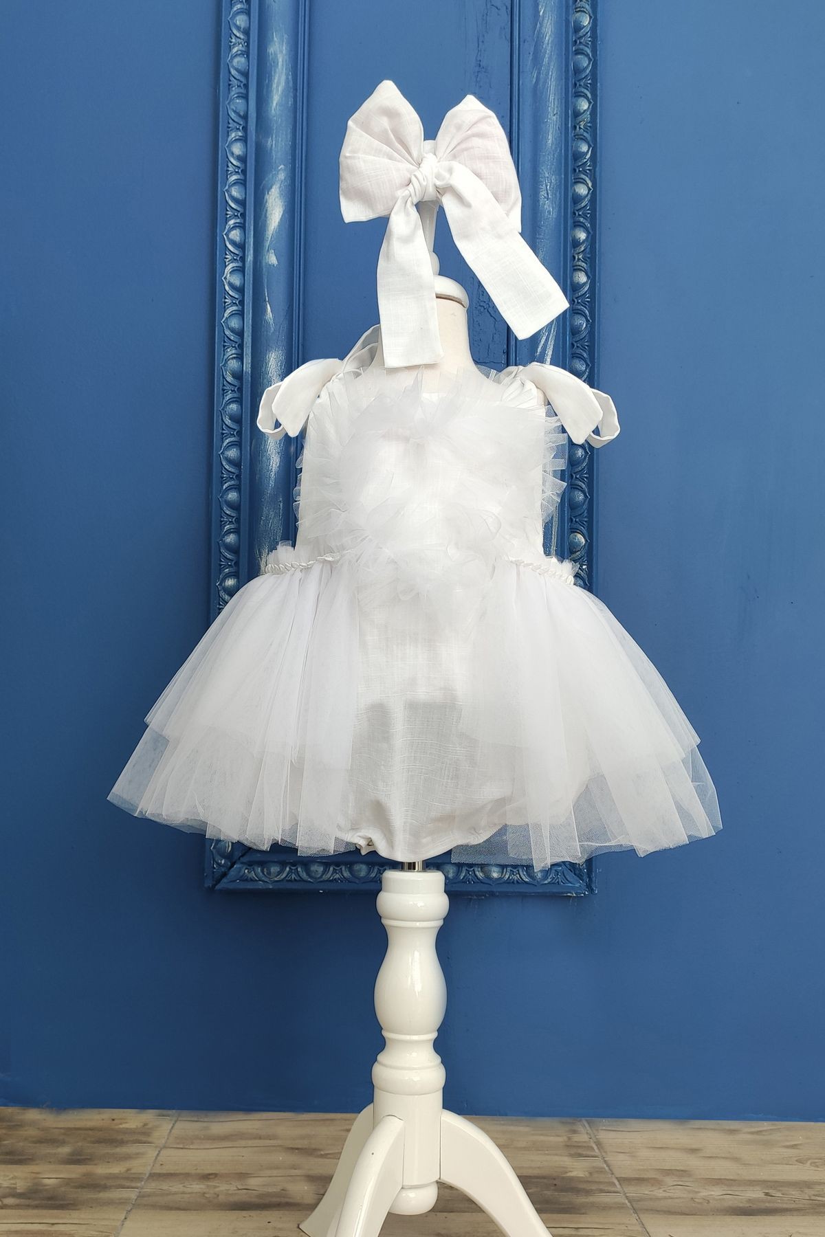 Mono de Bebé con Corazón, Vestido de Tul y Diadema para Niña - blanco