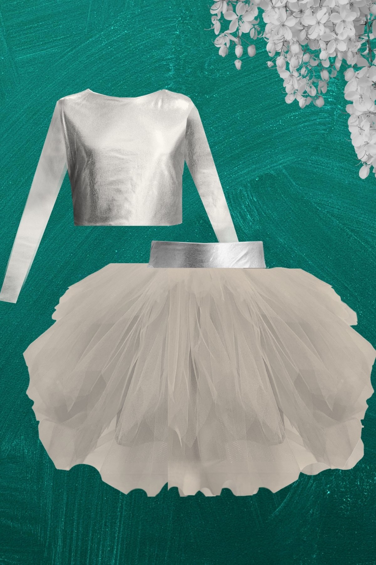 Long Sleeve Crop Top and Tutu Skirt Set for Kids - 1-10 Years - Silver - Gray