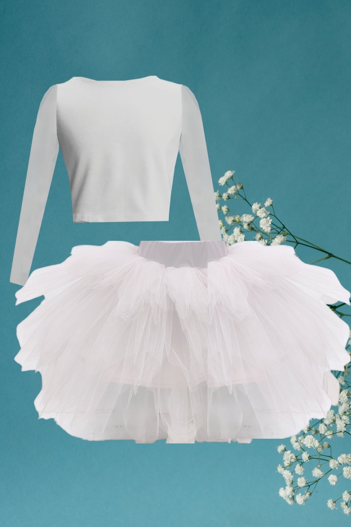 Conjunto de Top Cropped de Manga Larga y Falda Tutu para Niños - 1 a 10 Años - blanco