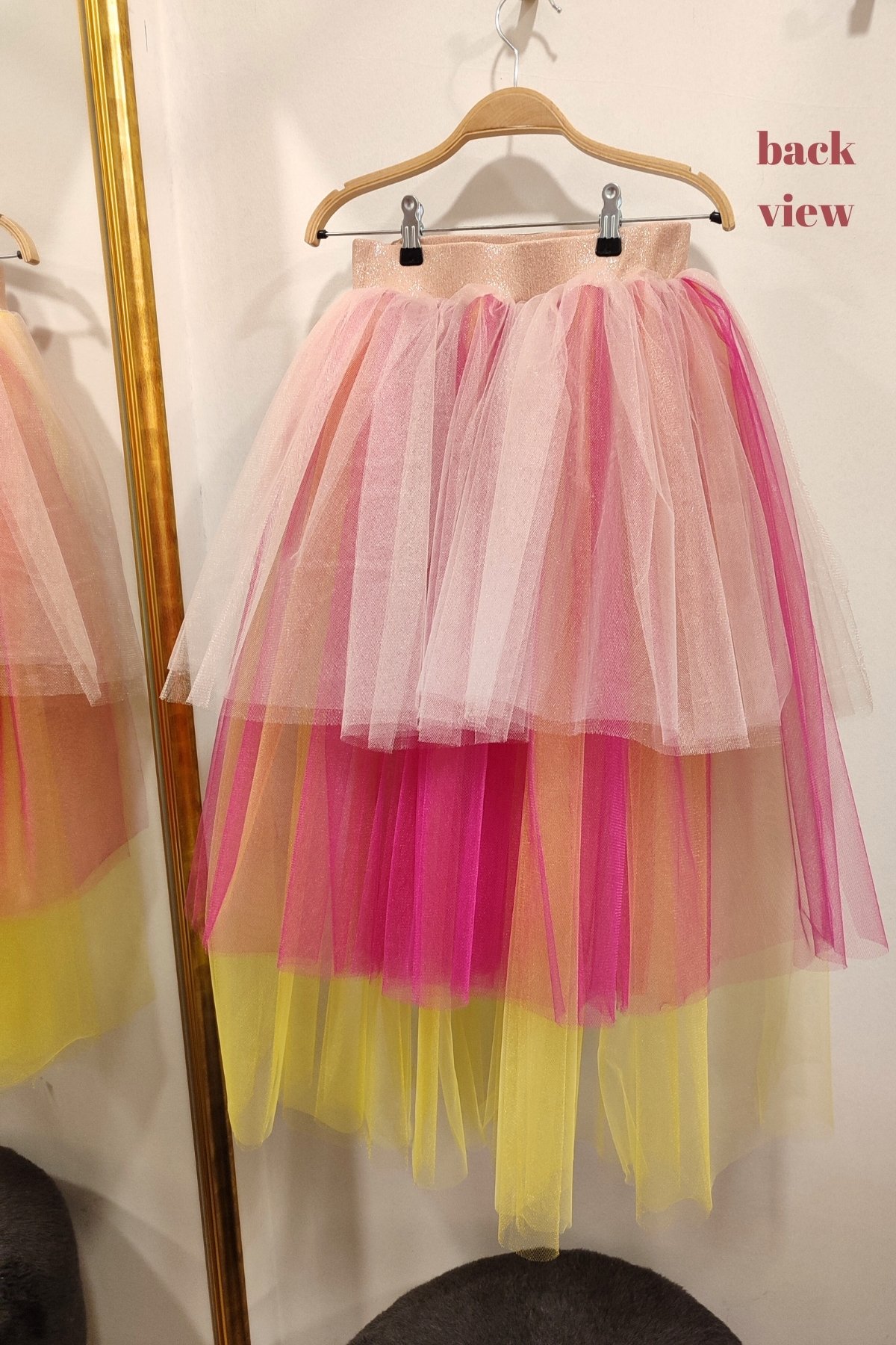 Girls’ High-Low Layered Tulle Tutu Skirt with Sparkle Waistband - Pink, Fuchsia, and Yellow - Sizes 3-10 Years