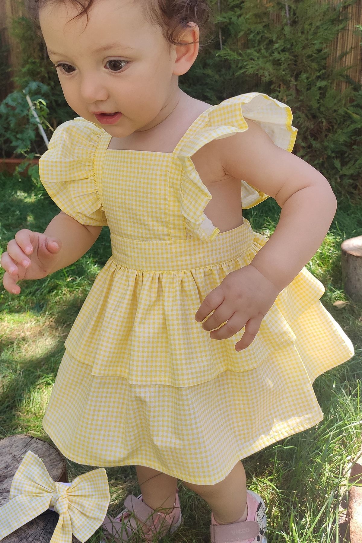 Girls' Gingham Ruffled Dress and Bandana Set | Yellow