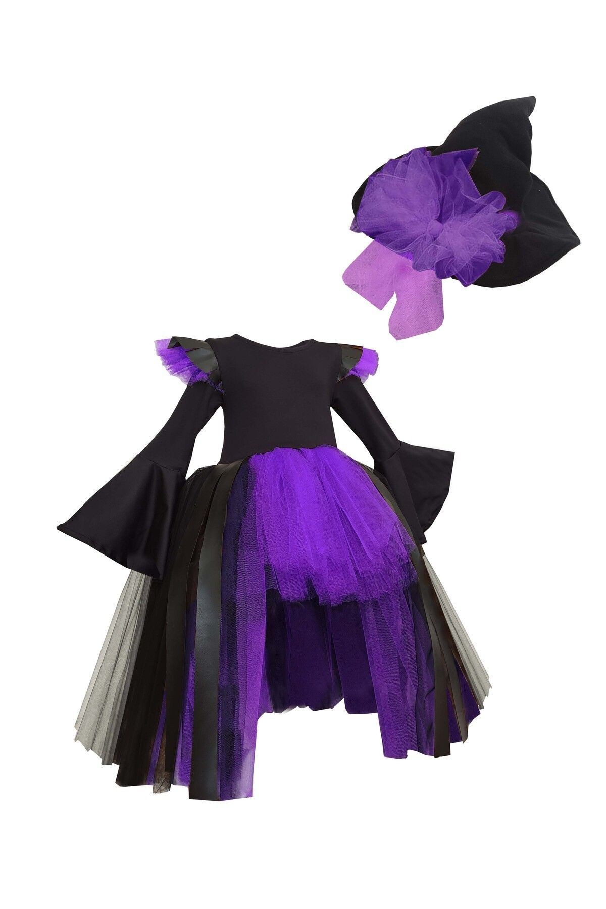 Robe de fille de sorcière détaillée en cuir d'Halloween et chapeau de sorcière, robe d'Halloween pour filles