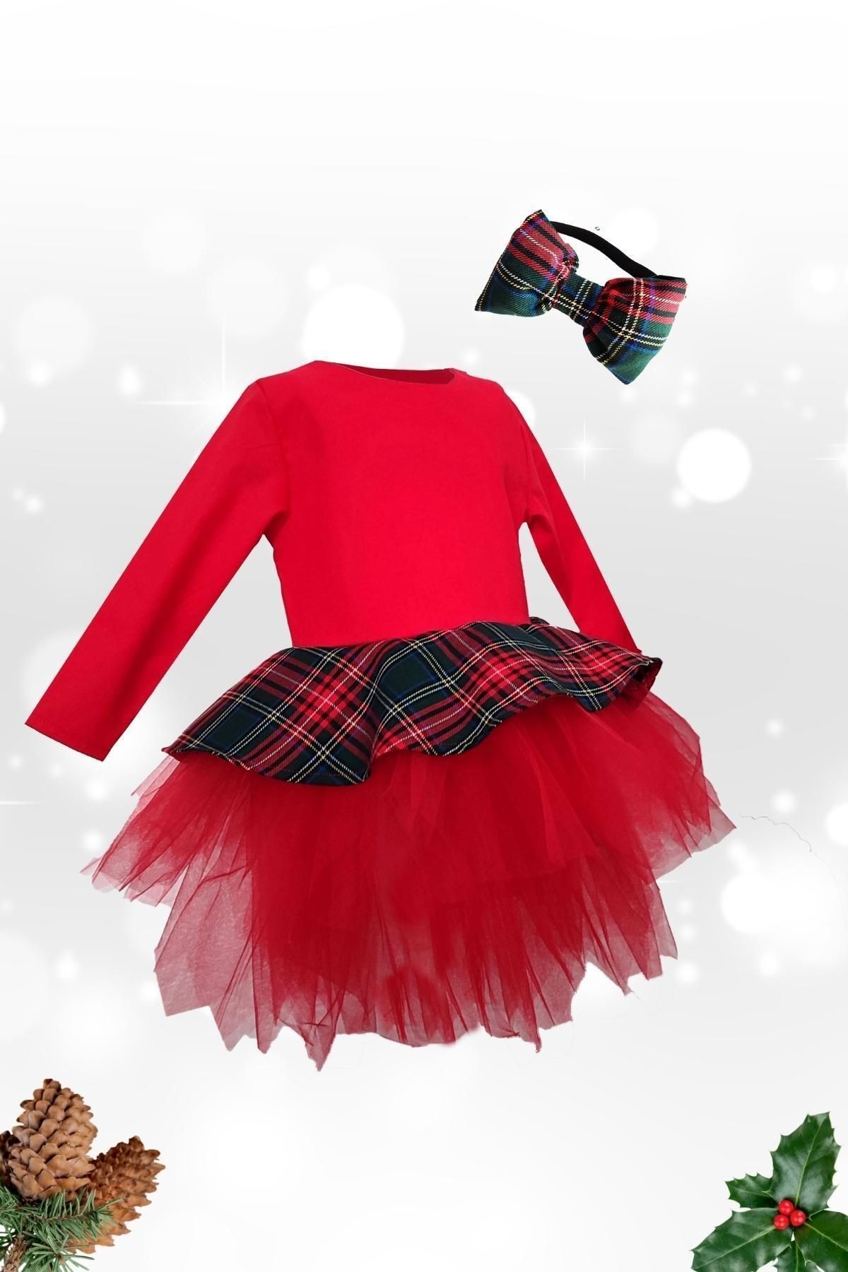 Girls' Puffy Dress with Red Plaid Details