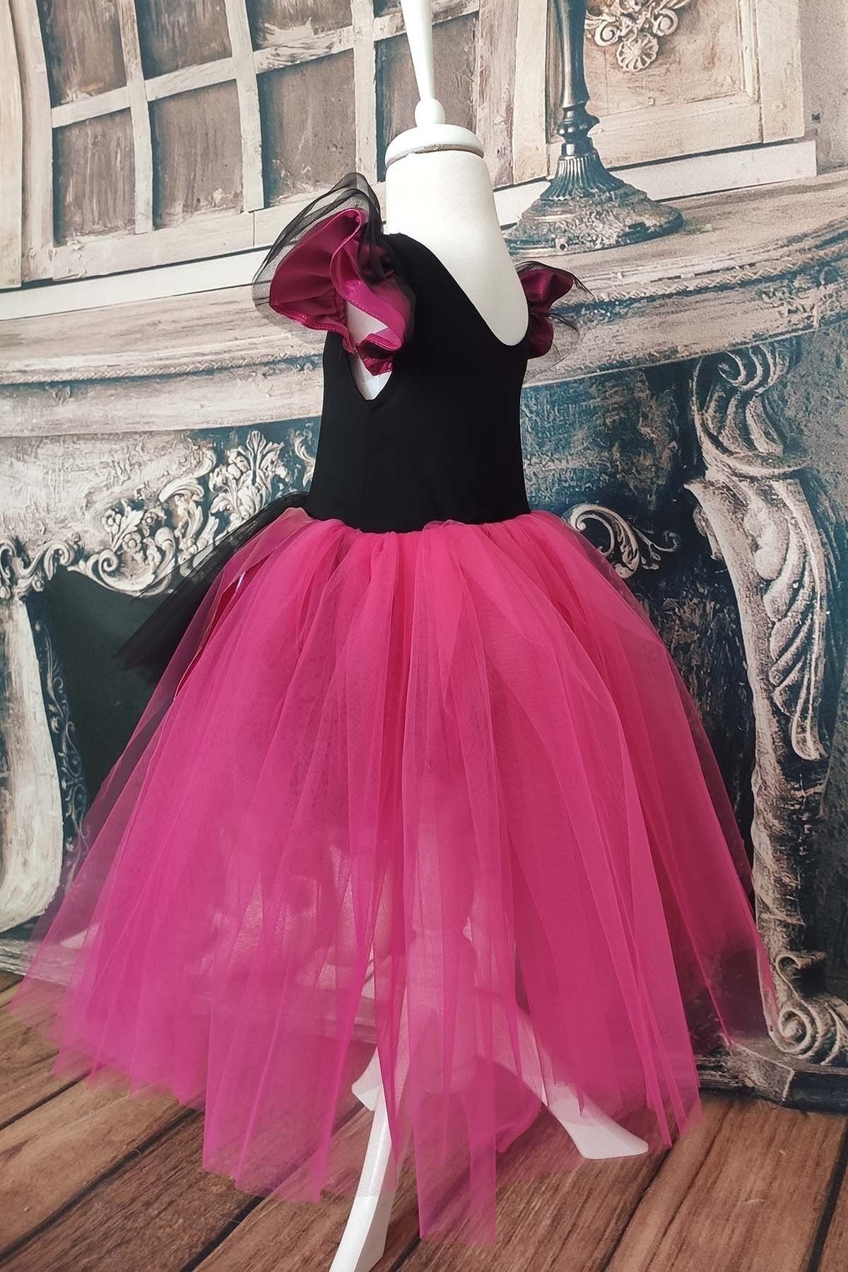 Fuchsia-schwarzes asymmetrisches Tutu-Kleid für Mädchen