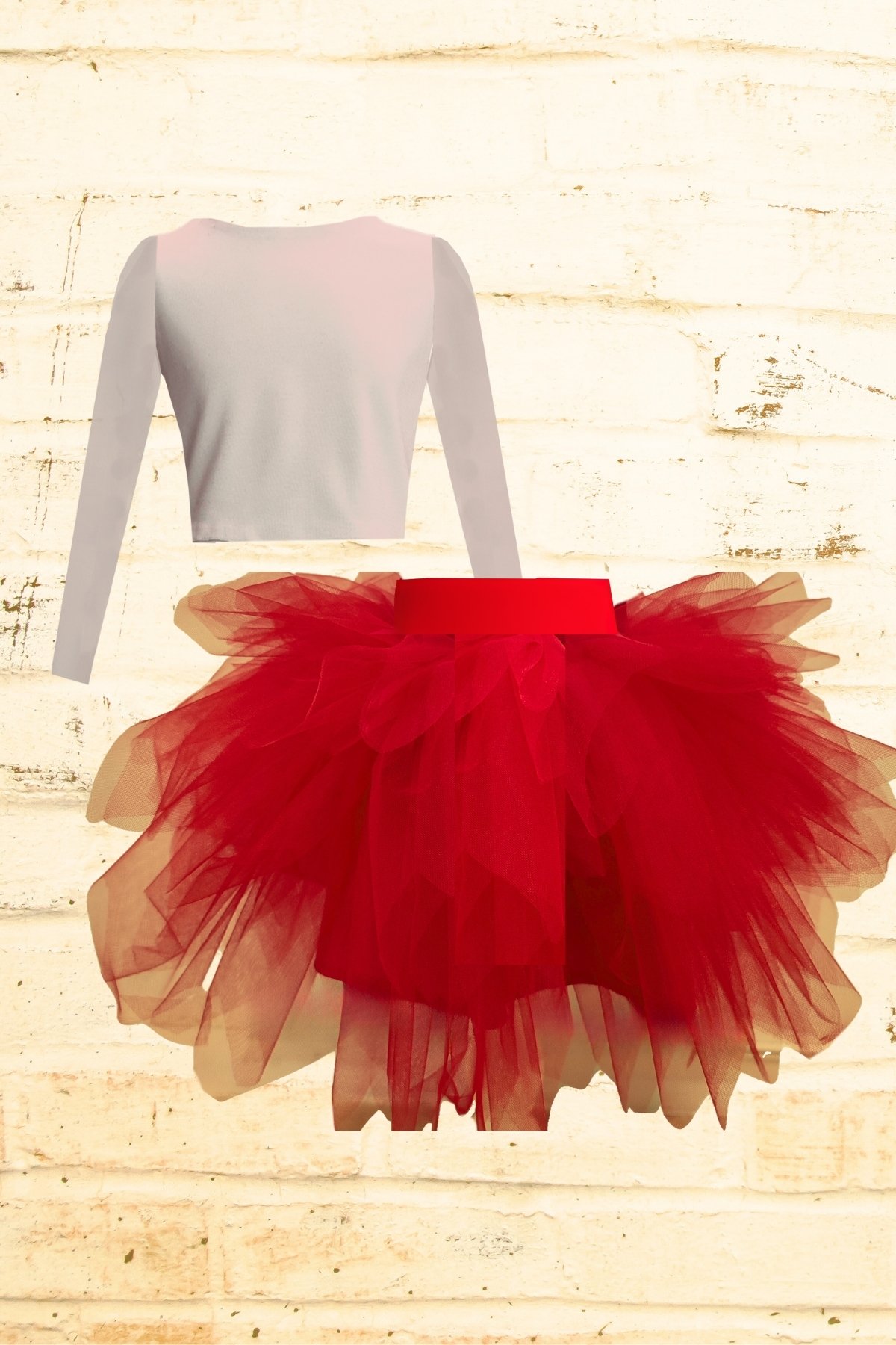 Conjunto de Top Cropped de Manga Larga y Falda Tutu para Niños - 1 a 10 Años - Kırmızı-Beyaz