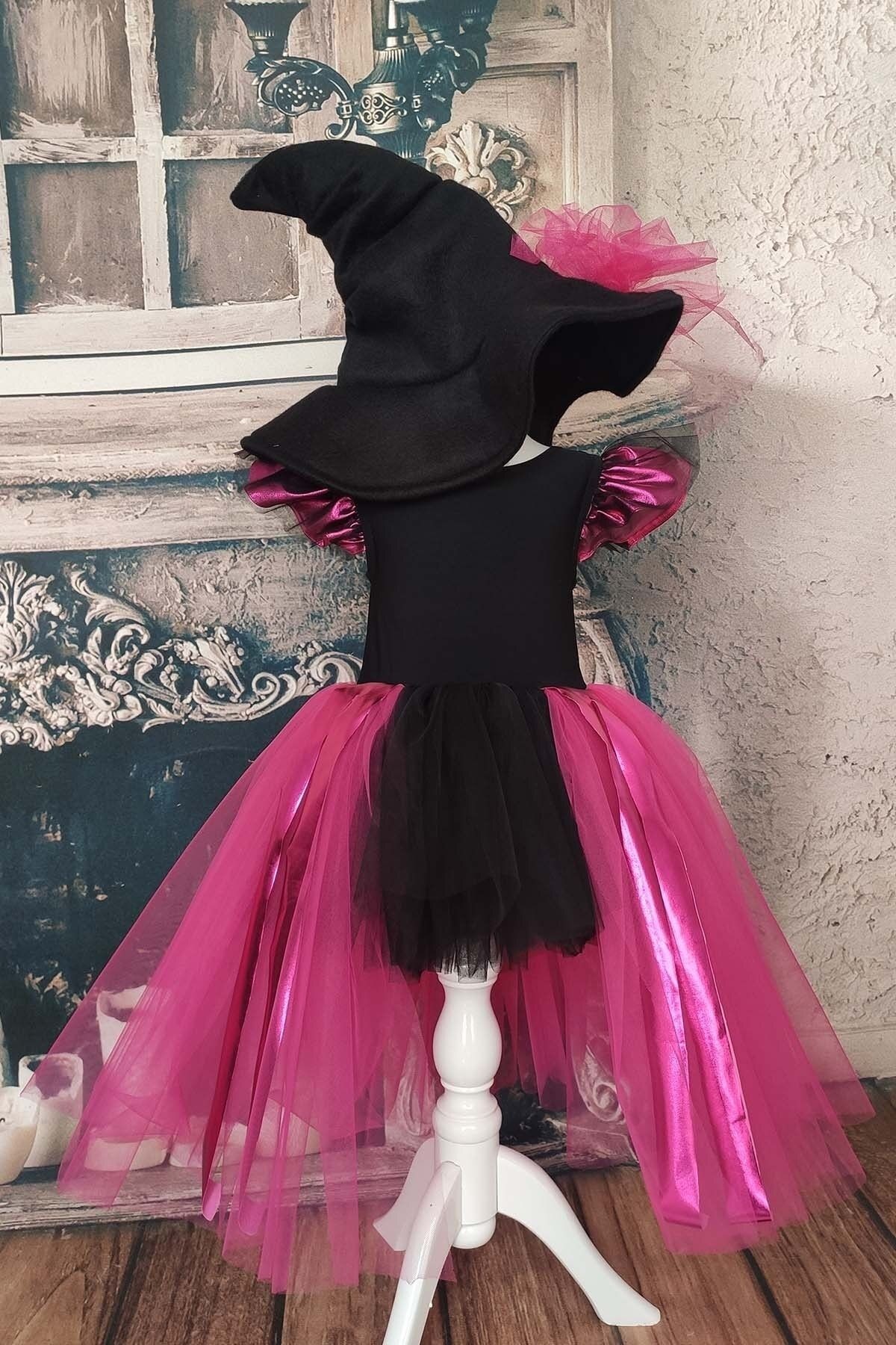 Asymmetric Girl’s Tutu Witch Dress and Hat, Birthday Dress - Pink-Black