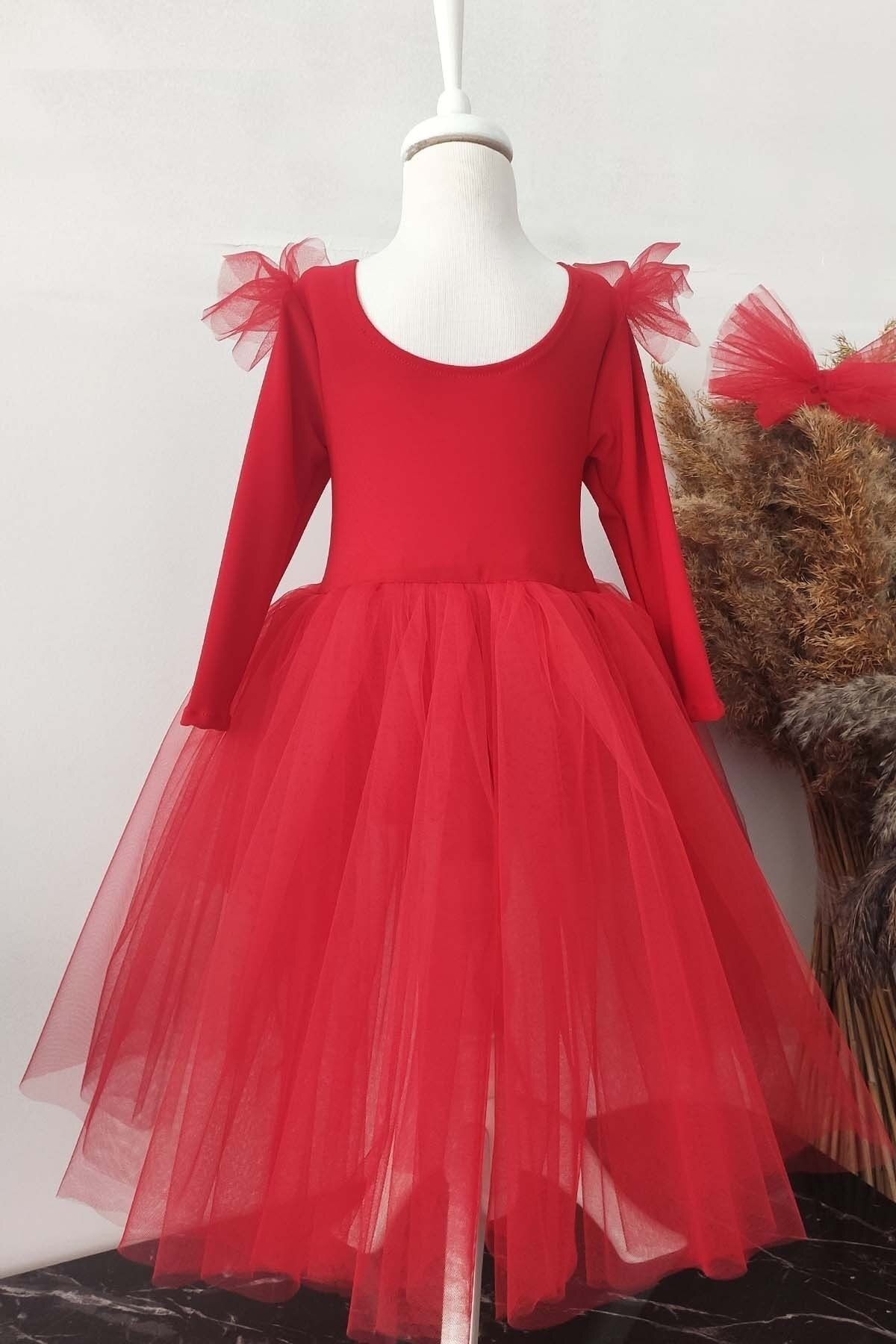 Asymmetrisches Tutu-Weihnachtskleid für Mädchen, langärmelig mit Bandana