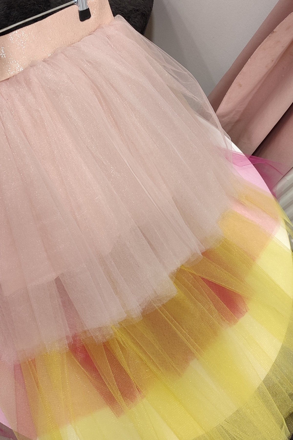 Girls’ High-Low Layered Tulle Tutu Skirt with Sparkle Waistband - Pink, Fuchsia, and Yellow - Sizes 3-10 Years