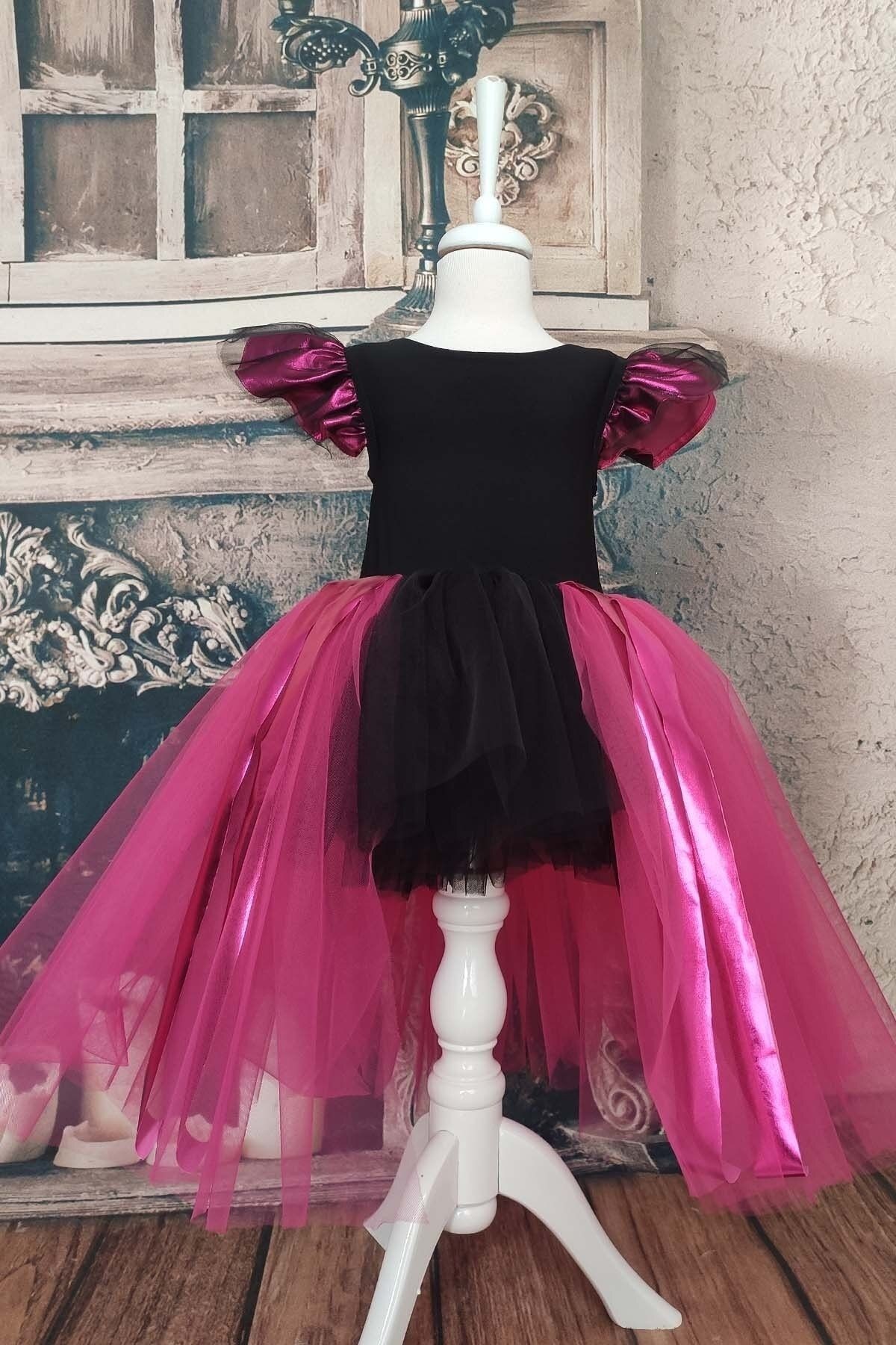 Fuchsia-schwarzes asymmetrisches Tutu-Kleid für Mädchen