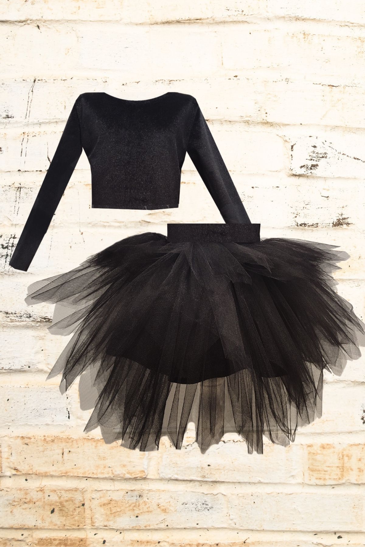 Conjunto de Top Cropped de Manga Larga y Falda Tutu de Terciopelo para Niños - 1 a 10 Años - negro