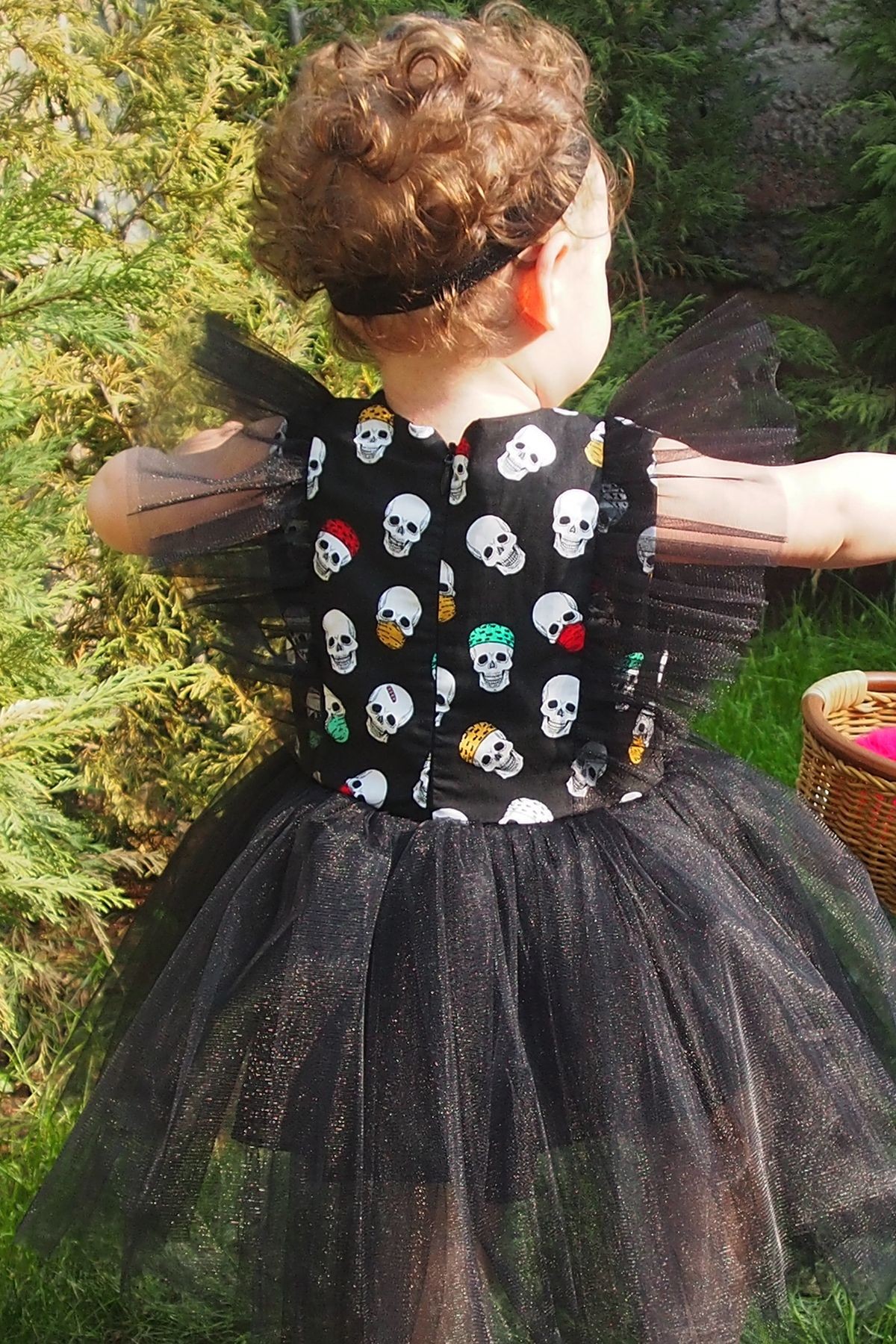 Girls' Tulle Detail Skull Print Tutu Dress and Bandana Set, Birthday Dress