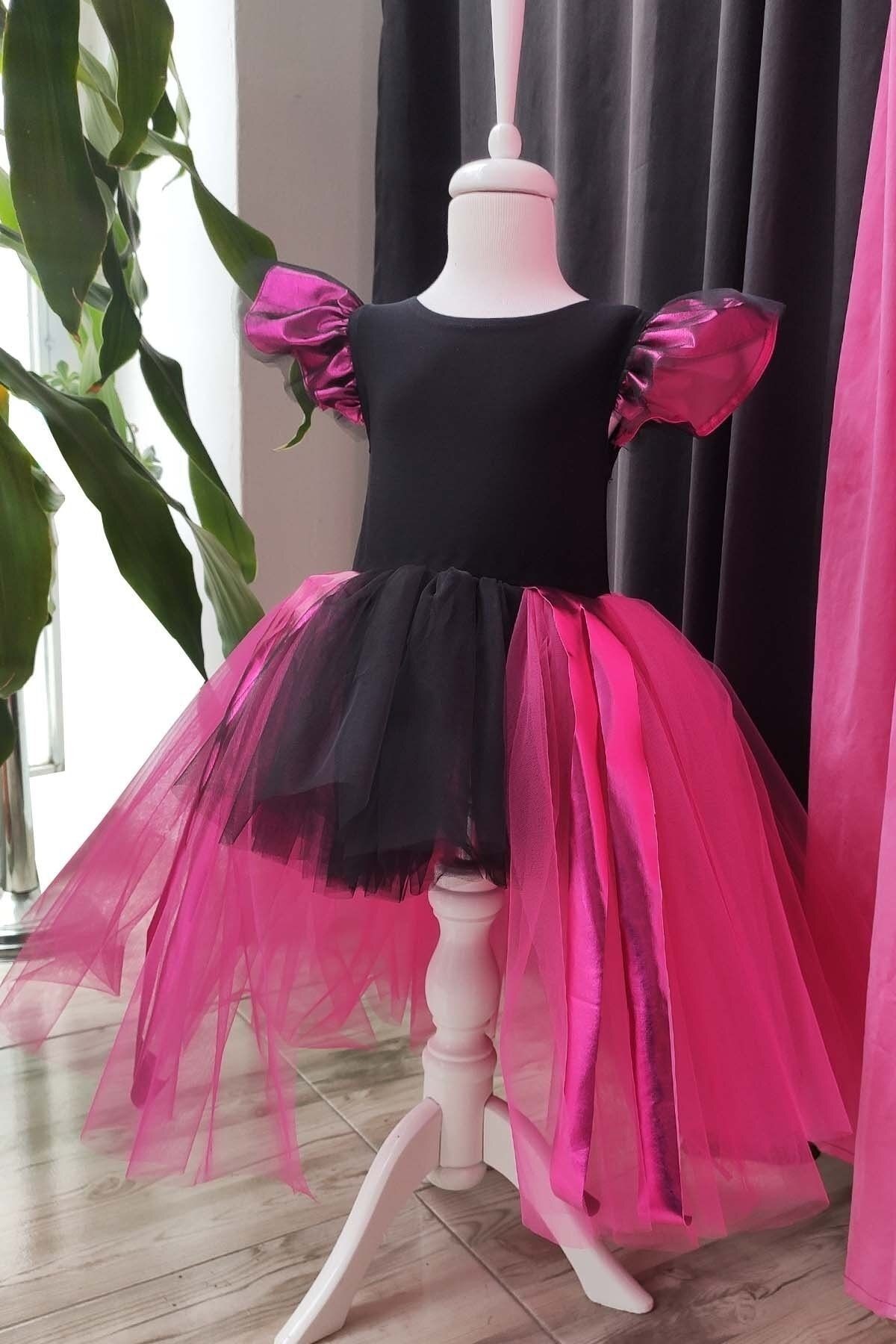 Vestido de Tul Asimétrico en Fucsia y Negro para Niña, Vestido de Cumpleaños con Diadema