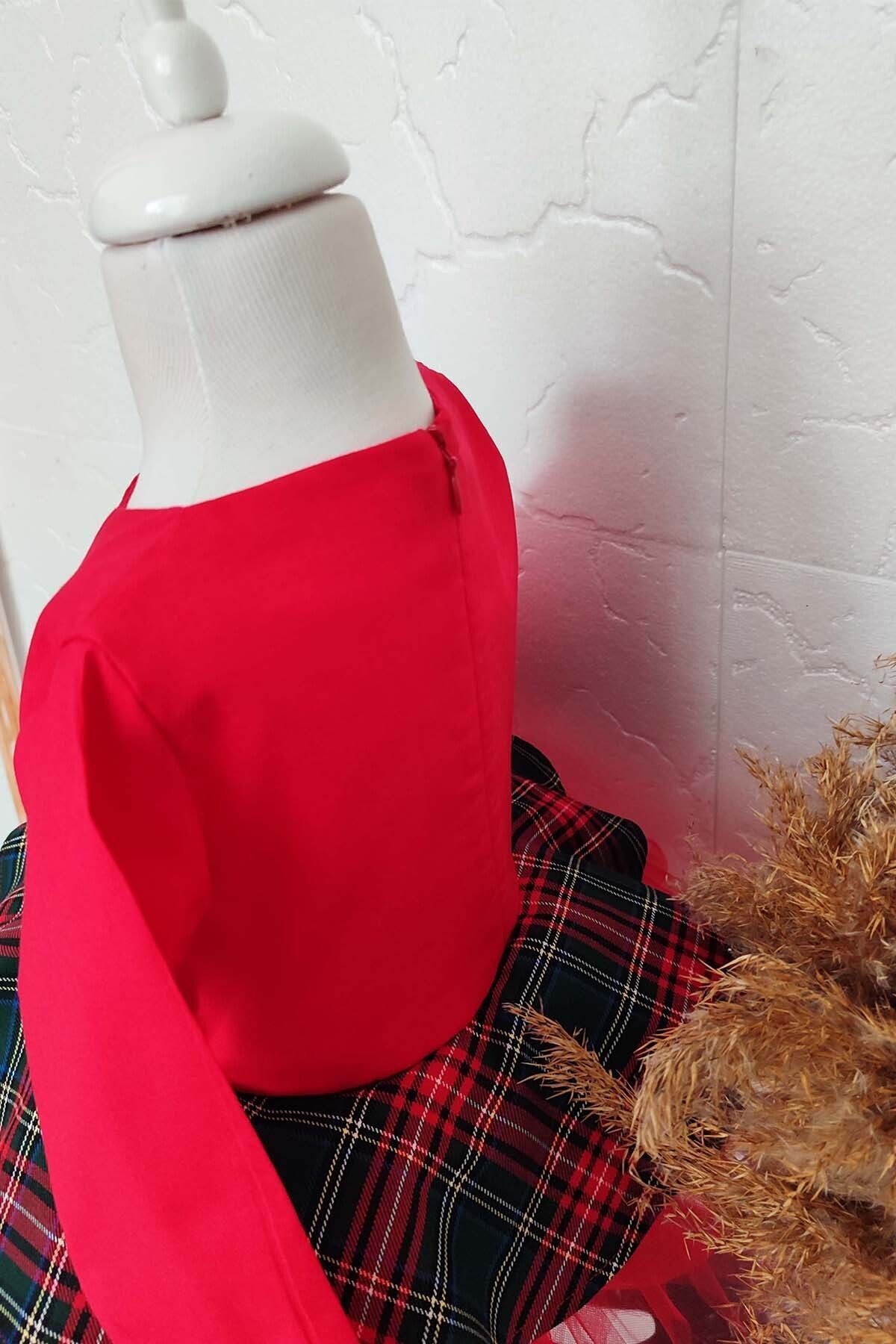 Girls' Puffy Dress with Red Plaid Details